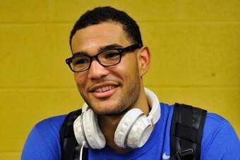 NASHVILLE, TN - JANUARY 10:  Willie Cauley-Stein #15 of the Kentucky Wildcats addresses the media after defeating the Vanderbilt Commodores at Memorial Gym on January 10, 2013 in Nashville, Tennessee.  (Photo by Frederick Breedon/Getty Images)