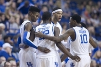 Jan 12, 2013; Lexington, KY, USA; Kentucky Wildcats forward Nerlens Noel (3) and forward Alex Poythress (22) and forward Willie Cauley-Stein (15) and guard Archie Goodwin (10) huddle before the game against the Texas A&M Aggies at Rupp Arena. Texas A&M be