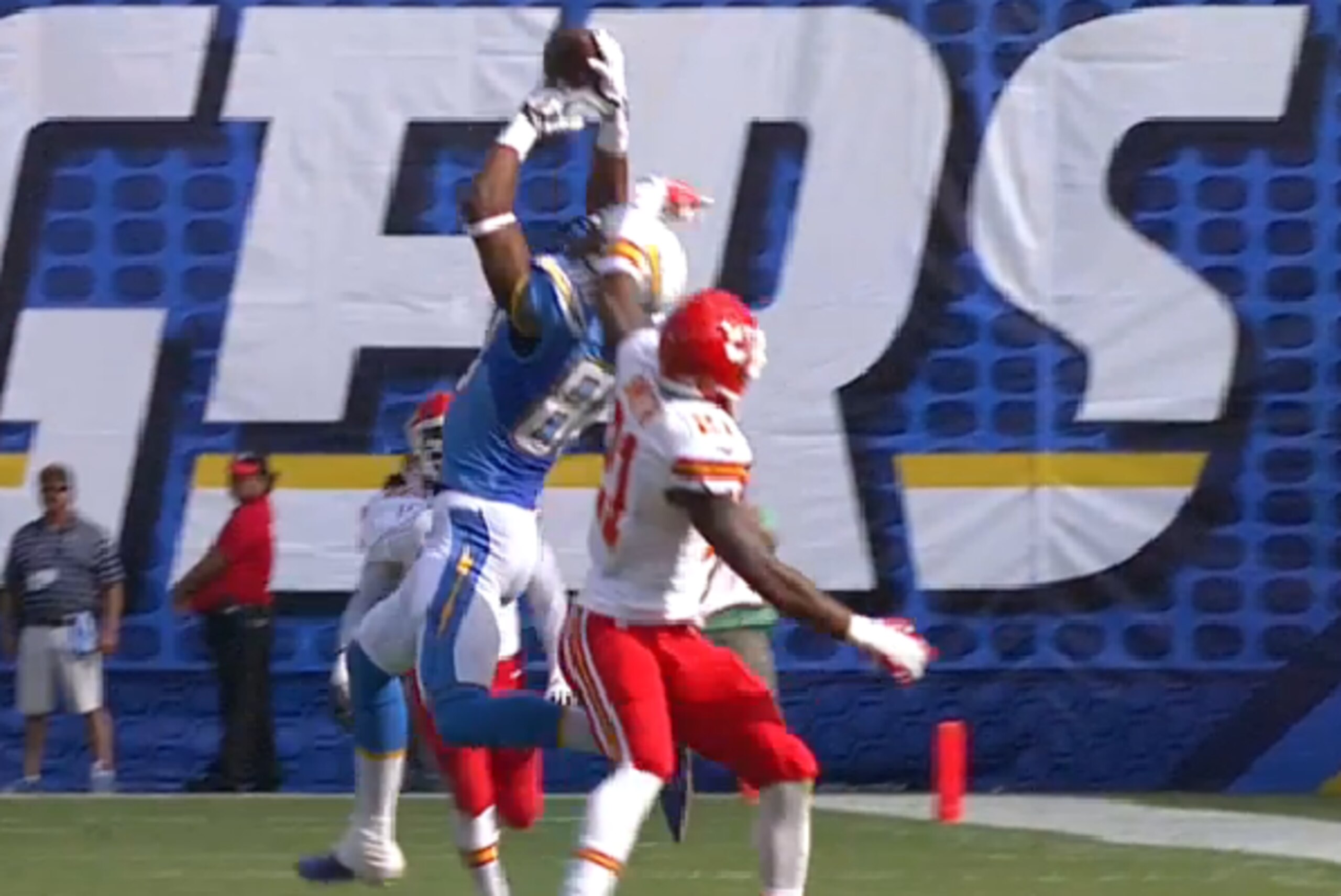 Floyd makes the difficult catch for a 24-yard gain.