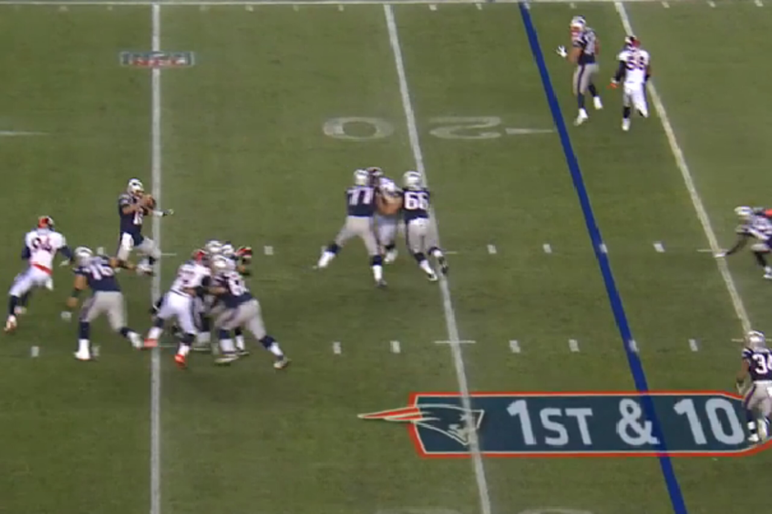 DeMarcus Ware is in sack range, and all of Brady's underneath options are covered. He has to extend the play.