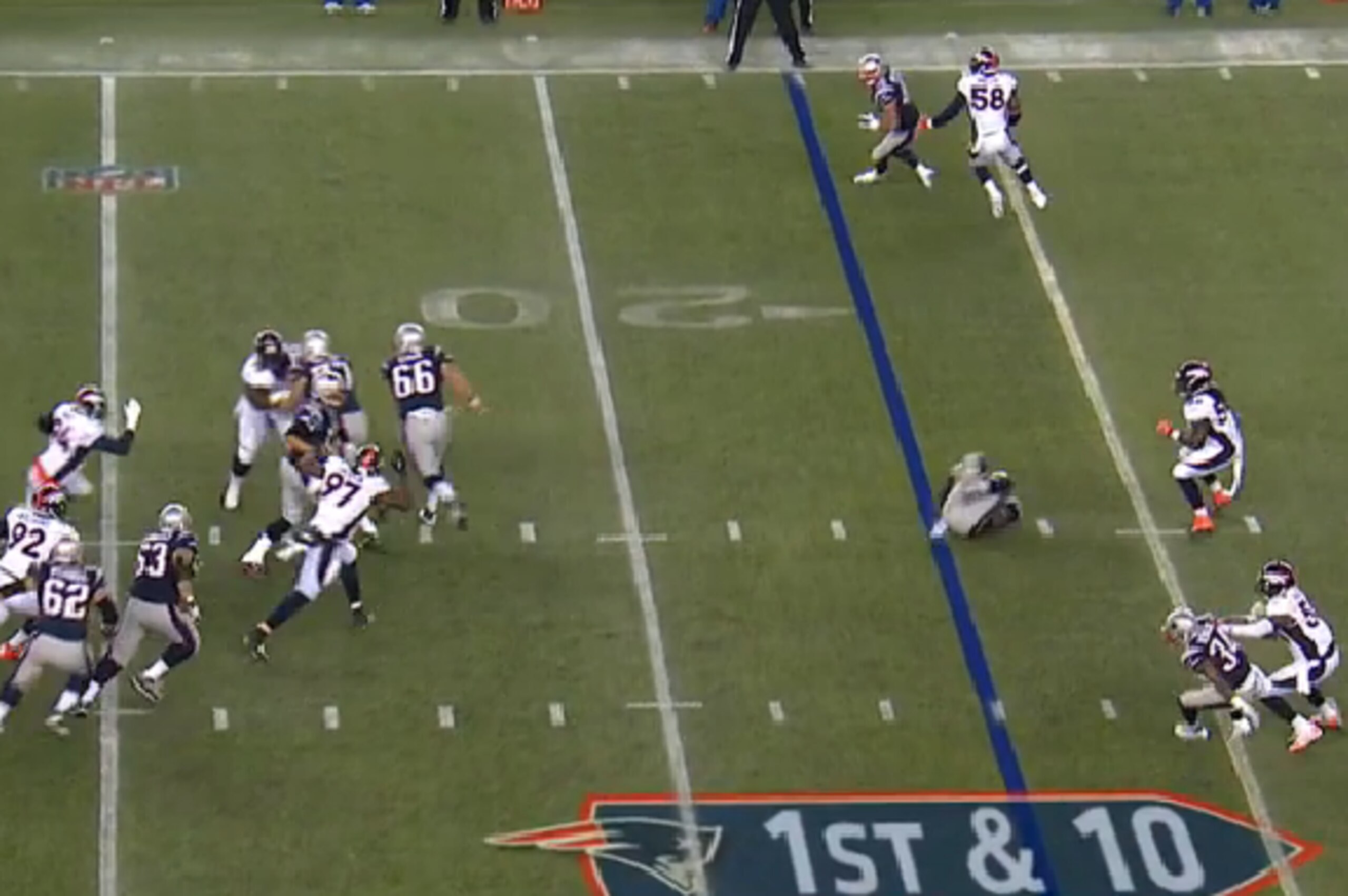 Brady has some space, but Malik Jackson (No. 97) gets off his man and chases down Brady.