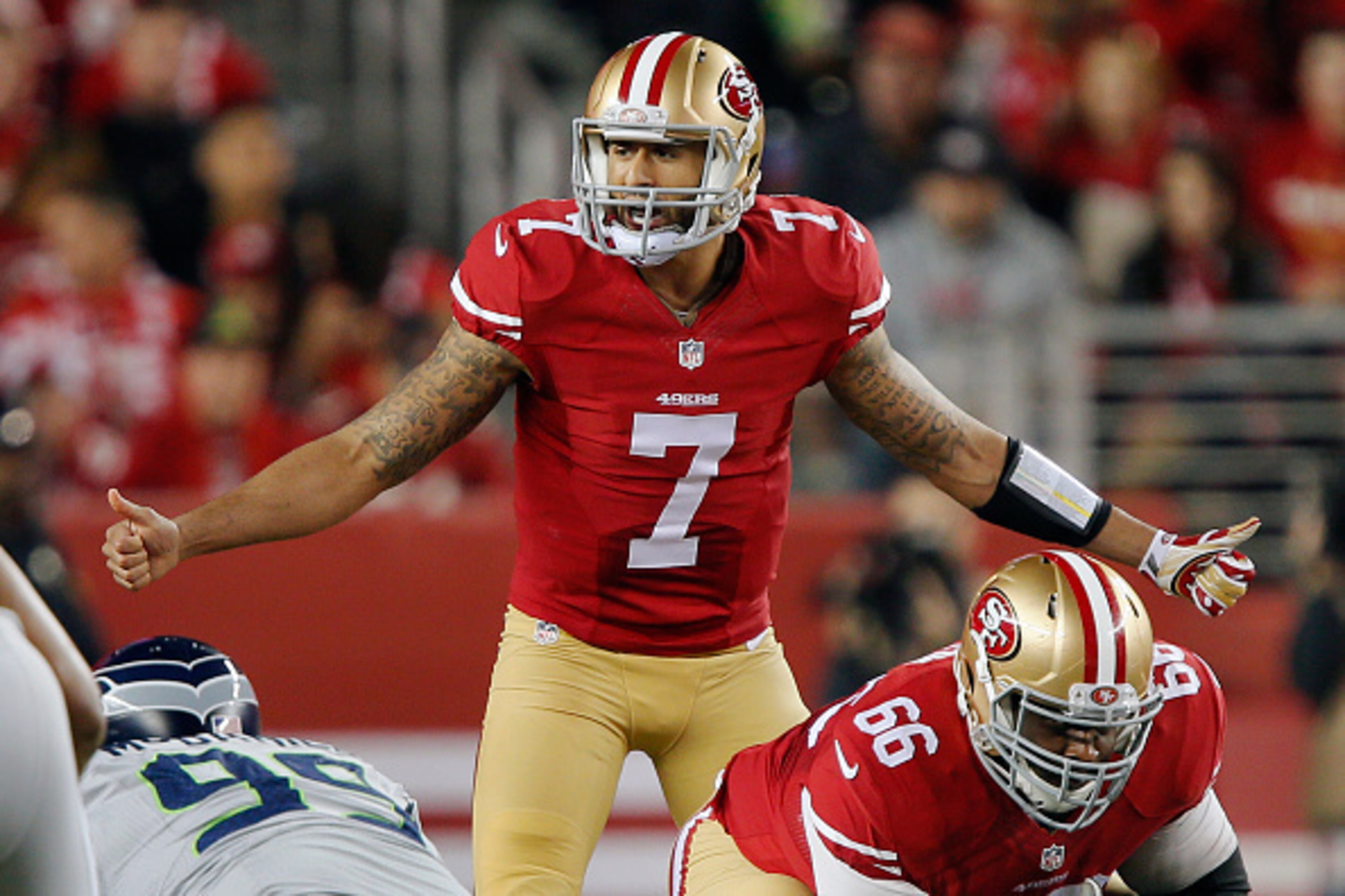 SANTA CLARA, CA - NOVEMBER 27:  Quarterback Colin Kaepernick #7 of the San Francisco 49ers calls out a play against the Seattle Seahawks on the first play from scrimmage on November 27, 2014 at Levi's Stadium in Santa Clara, California.  The Seahawks won 
