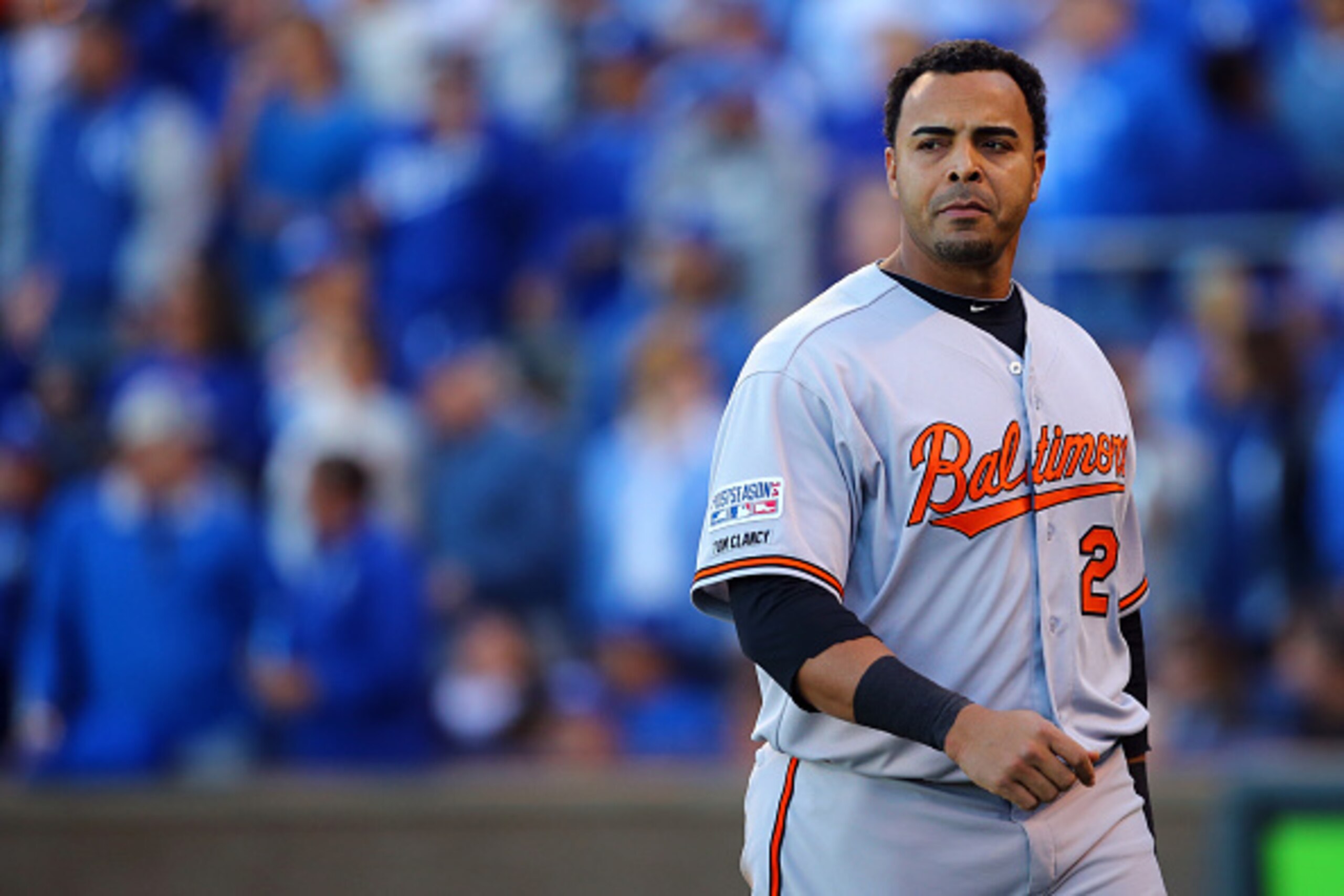 KANSAS CITY, MO - OCTOBER 15:  Nelson Cruz #23 of the Baltimore Orioles reacts after grounding out in sixth inning against the Kansas City Royals the during Game Four of the American League Championship Series at Kauffman Stadium on October 15, 2014 in Ka