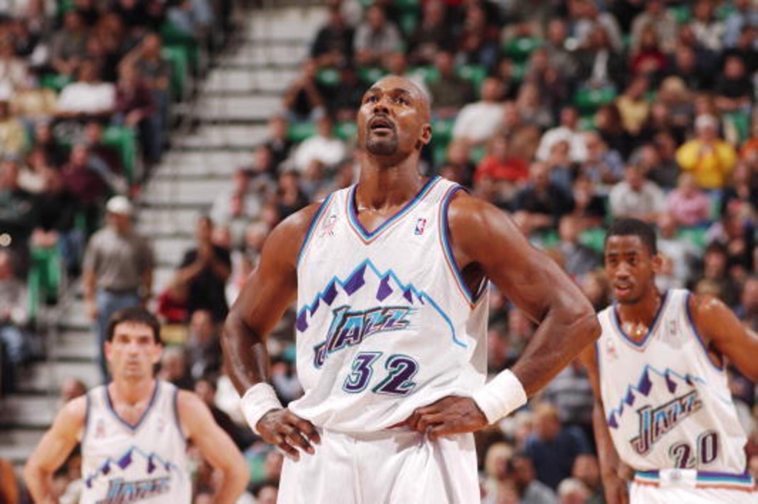 12 Nov 2001:  Karl Malone #32 of the Utah Jazz looks on during their game against the New Jersey Nets at Delta Center in Salt Lake City, UT.  The Nets won in overtime, 90-89.   Mandatory Credit:   Kent Horner/NBAE/Getty Images Digital Image NOTE TO USER: 