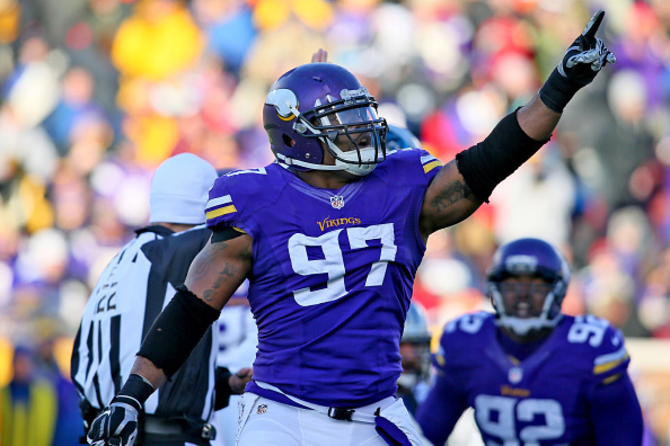 MINNEAPOLIS, MN - NOVEMBER 30: Everson Griffen #97 of the Minnesota Vikings celebrates his sack of Cam Newton #1 of the Carolina Panthers in the fourth quarter on November 30, 2014 at TCF Bank Stadium in Minneapolis, Minnesota. (Photo by Adam Bettcher/Get