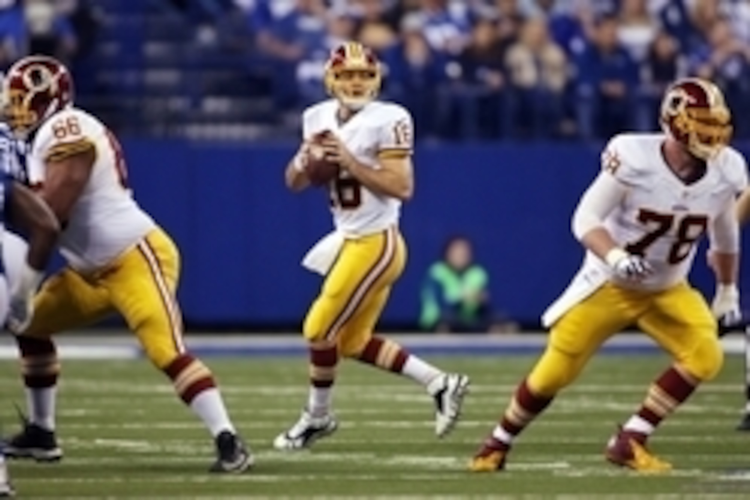 Nov 30, 2014; Indianapolis, IN, USA; Washington Redskins quarterback Colt McCoy (16) throws a pass against the Indianapolis Colts at Lucas Oil Stadium. Mandatory Credit: Brian Spurlock-USA TODAY Sports