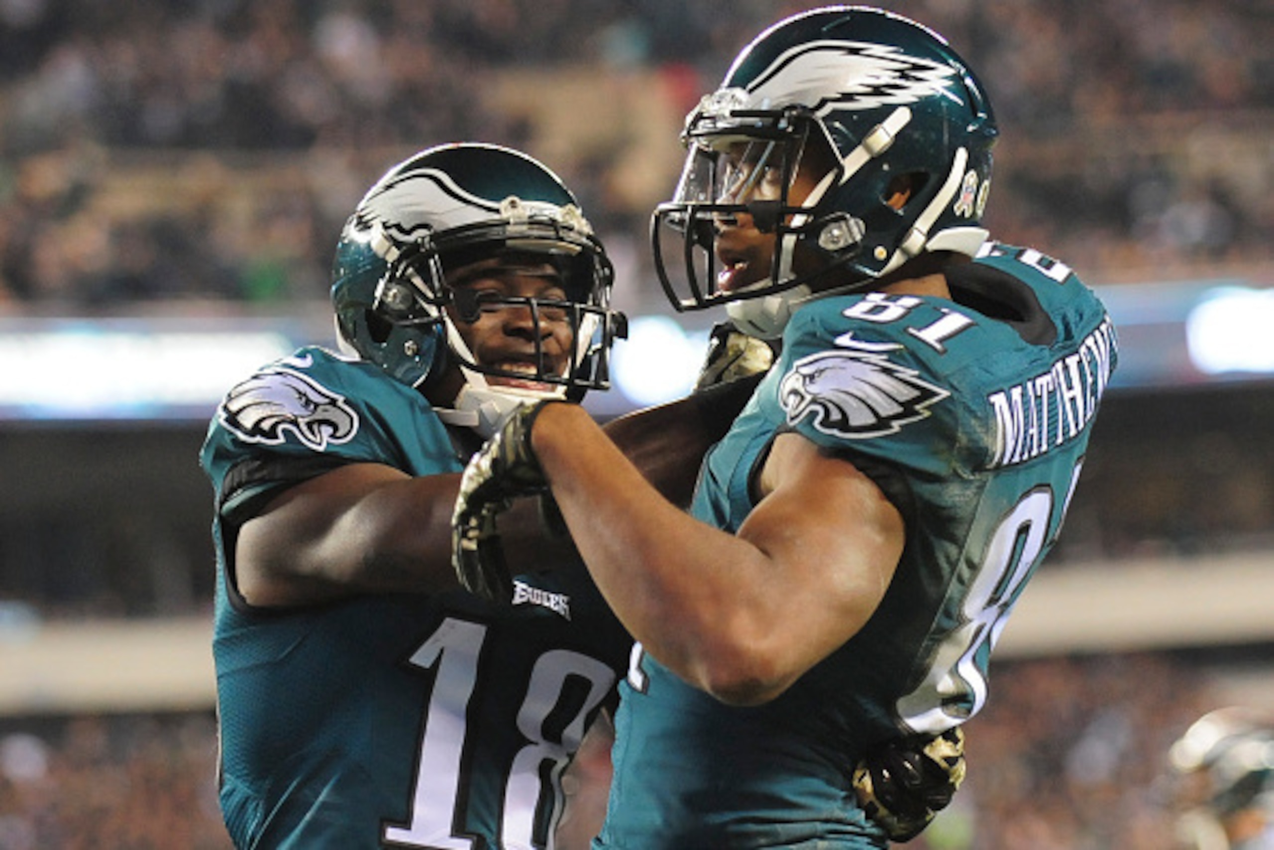 PHILADELPHIA, PA - NOVEMBER 10: Jordan Matthews #81 and Jeremy Maclin #18 of the Philadelphia Eagles react after Matthews scored a touchdown against the Carolina Panthers on November 10, 2014 at Lincoln Financial Field in Philadelphia, Pennsylvania. (Phot