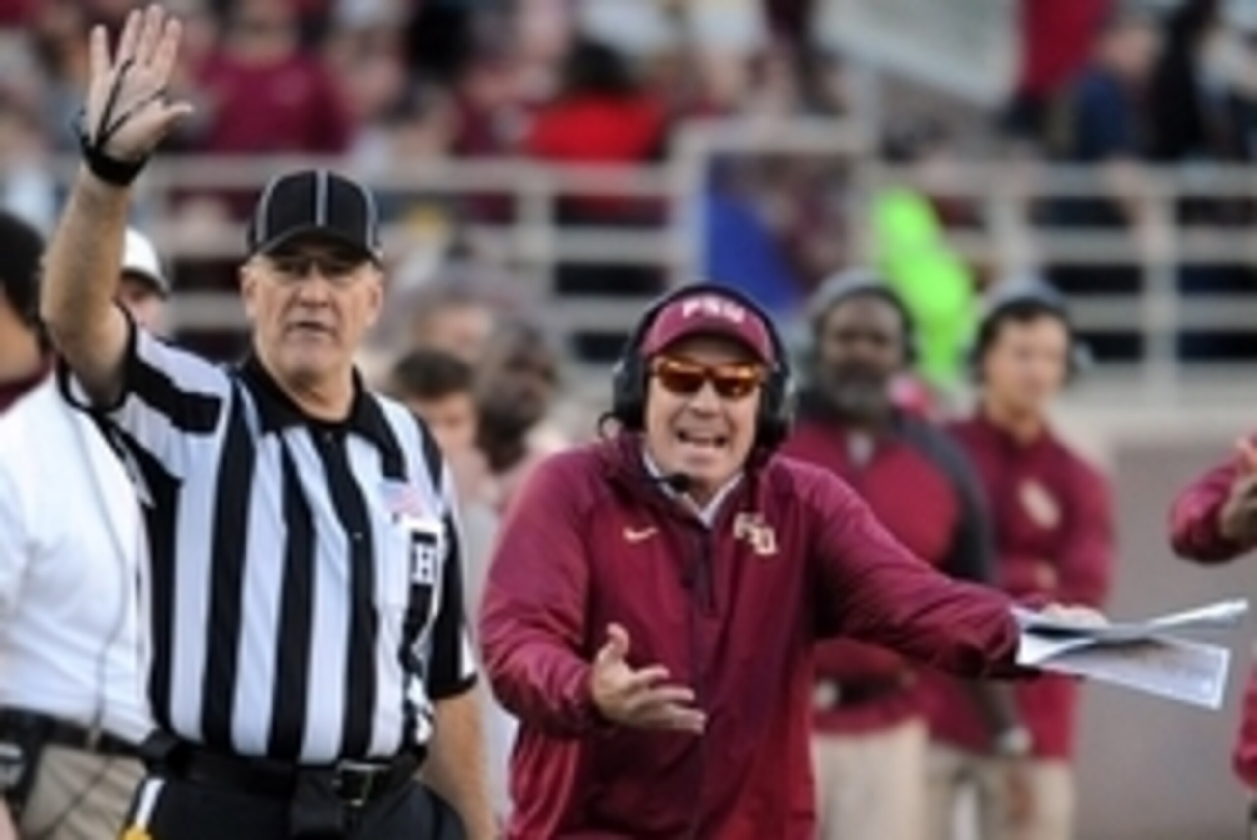 Nov 29, 2014; Tallahassee, FL, USA; Florida State Seminoles head coach Jimbo Fisher has some words with the referee during the game against the Florida Gators at Doak Campbell Stadium. Mandatory Credit: Melina Vastola-USA TODAY Sports
