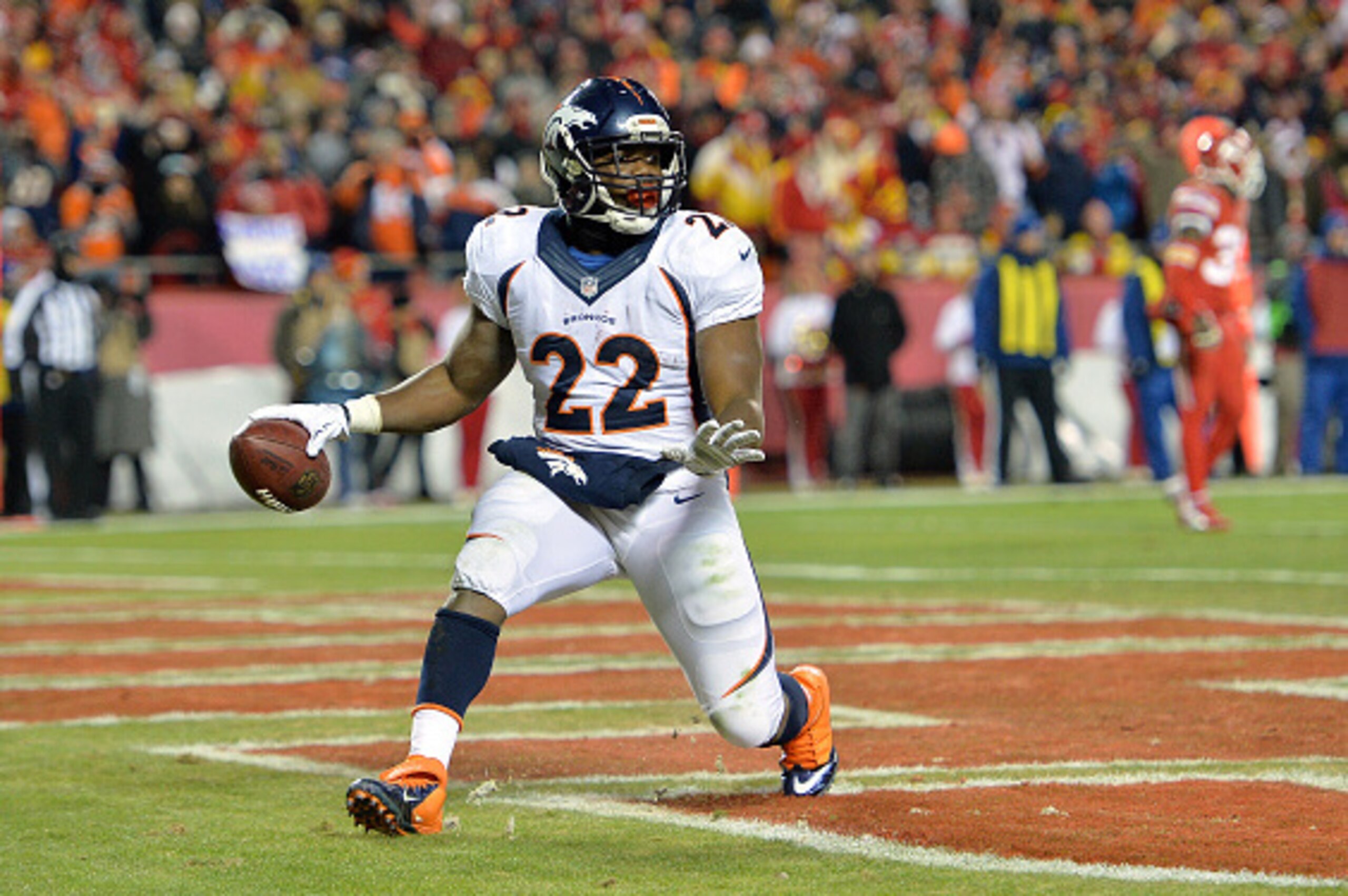 KANSAS CITY, MO - NOVEMBER 30: C.J. Anderson #22 of the Denver Broncos celebrates scoring a touchdown against the Kansas City Chiefs during the first half at Arrowhead Stadium on November 30, 2014 in Kansas City, Missouri. (Photo by Peter Aiken/Getty I KANSAS CITY, MO - NOVEMBER 30: C.J. Anderson #22 of the Denver Broncos celebrates scoring a touchdown against the Kansas City Chiefs during the first half at Arrowhead Stadium on November 30, 2014 in Kansas City, Missouri. (Photo by Peter Aiken/Getty I