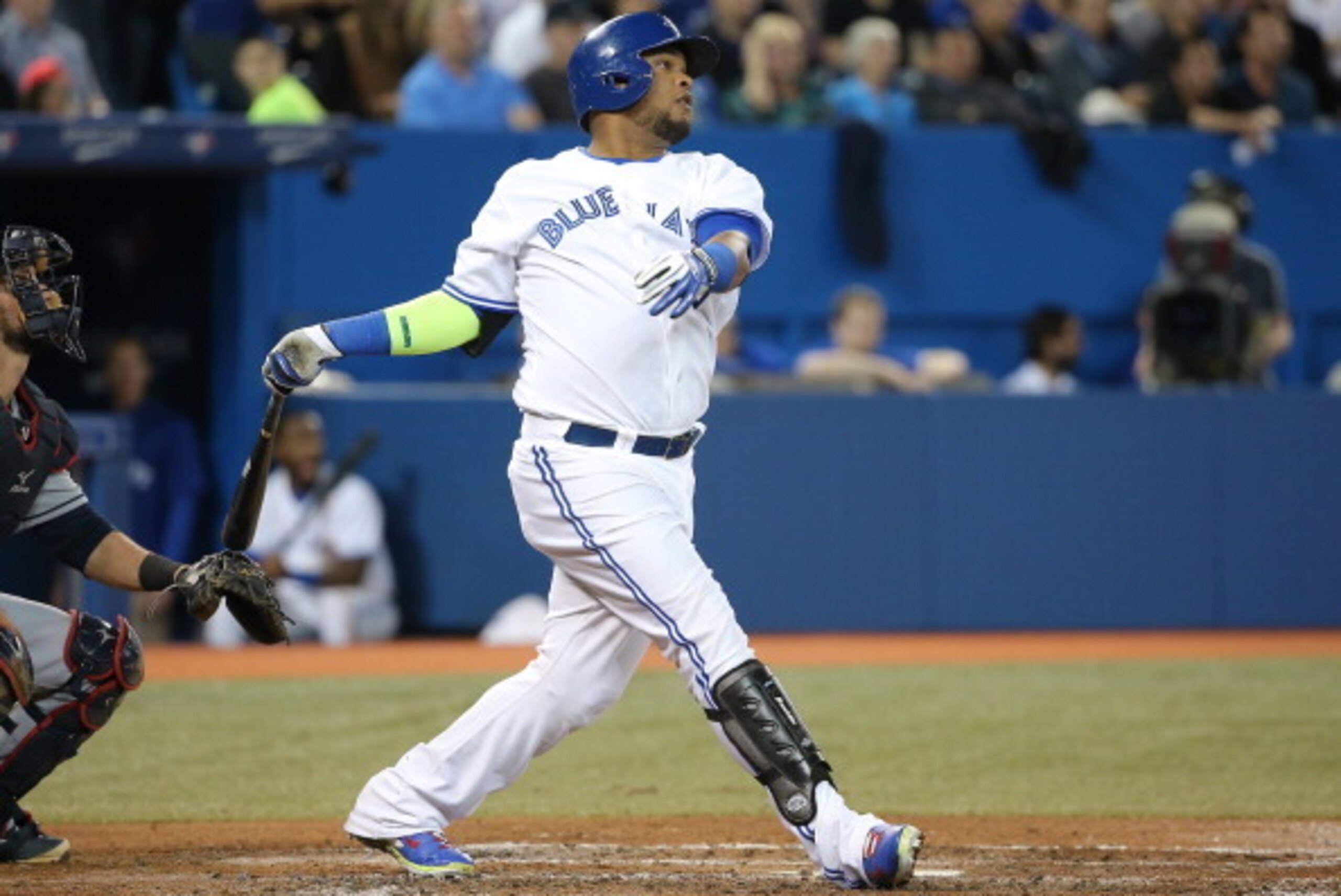 TORONTO, CANADA - MAY 13: Juan Francisco #47 of the Toronto Blue Jays hits a solo home run in the fifth inning during MLB game action against the Cleveland Indians on May 13, 2014 at Rogers Centre in Toronto, Ontario, Canada. (Photo by Tom Szczerbowski/Ge