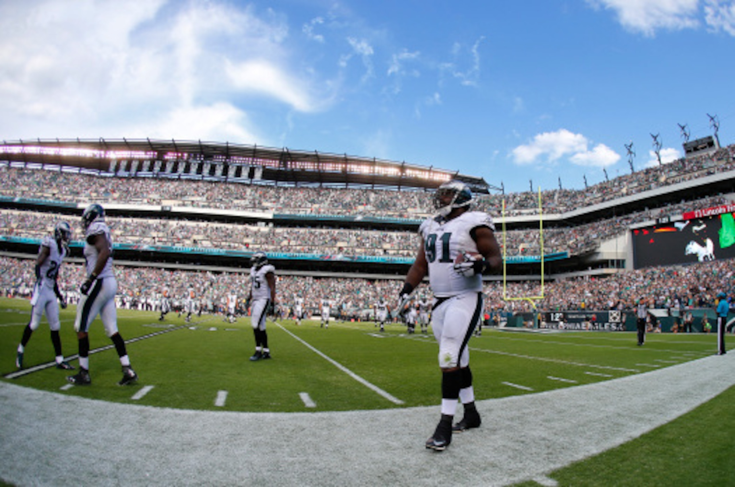 PHILADELPHIA, PA - SEPTEMBER 07: Fletcher Cox #91 of the Philadelphia Eagles walks off the field after scoring a touchdown on a fumble recovery against the Jacksonville Jaguars during the fourth quarter of a NFL game at Lincoln Financial Field on Septembe PHILADELPHIA, PA - SEPTEMBER 07: Fletcher Cox #91 of the Philadelphia Eagles walks off the field after scoring a touchdown on a fumble recovery against the Jacksonville Jaguars during the fourth quarter of a NFL game at Lincoln Financial Field on Septembe