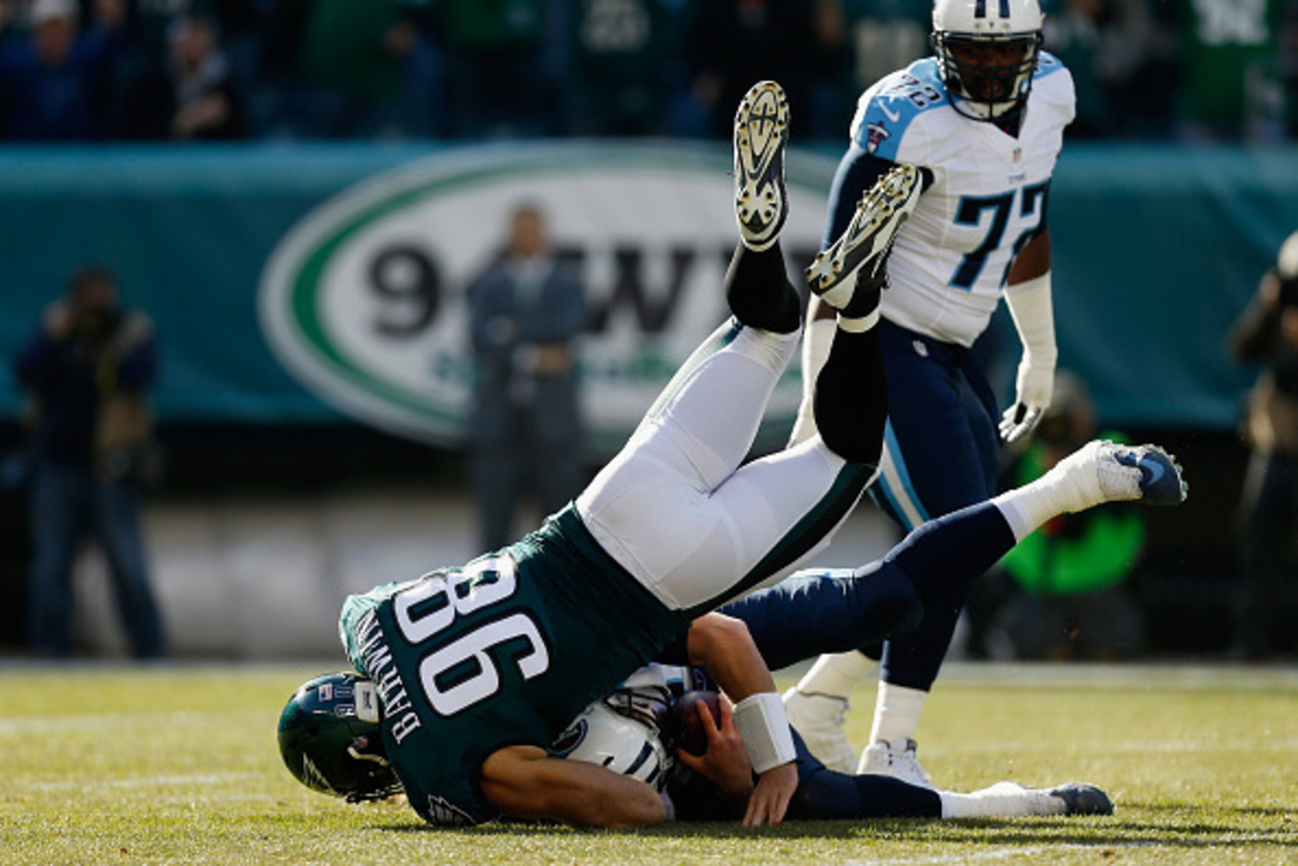 PHILADELPHIA, PA - NOVEMBER 23: Connor Barwin #98 of the Philadelphia Eagles sacks the quarterback Zach Mettenberger #7 of the Tennessee Titans in the first quarter of the game at Lincoln Financial Field on November 23, 2014 in Philadelphia, Pennsylvania PHILADELPHIA, PA - NOVEMBER 23: Connor Barwin #98 of the Philadelphia Eagles sacks the quarterback Zach Mettenberger #7 of the Tennessee Titans in the first quarter of the game at Lincoln Financial Field on November 23, 2014 in Philadelphia, Pennsylvania