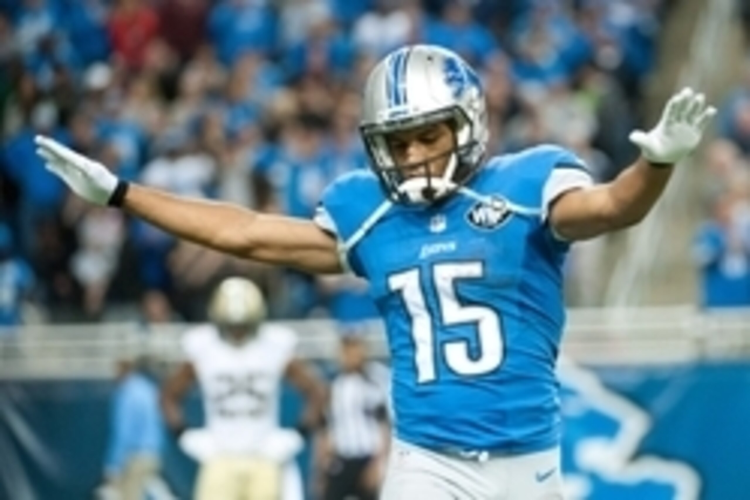 Oct 19, 2014; Detroit, MI, USA; Detroit Lions wide receiver Golden Tate (15) during the game against the New Orleans Saints at Ford Field. Detroit won 24-23. Mandatory Credit: Tim Fuller-USA TODAY Sports Oct 19, 2014; Detroit, MI, USA; Detroit Lions wide receiver Golden Tate (15) during the game against the New Orleans Saints at Ford Field. Detroit won 24-23. Mandatory Credit: Tim Fuller-USA TODAY Sports