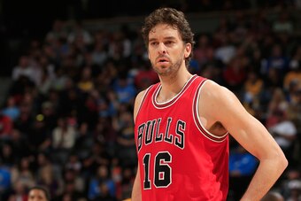 DENVER, CO - NOVEMBER 25:  Pau Gasol #16 of the Chicago Bulls looks on during a break in the action against the Denver Nuggets at Pepsi Center on November 25, 2014 in Denver, Colorado. The Nuggets defeated the Bulls 114-109. NOTE TO USER: User expressly a