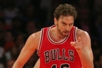 Oct 29, 2014; New York, NY, USA; Chicago Bulls forward Pau Gasol (16) reacts after scoring a basket against the New York Knicks during the third quarter at Madison Square Garden. Mandatory Credit: Adam Hunger-USA TODAY Sports