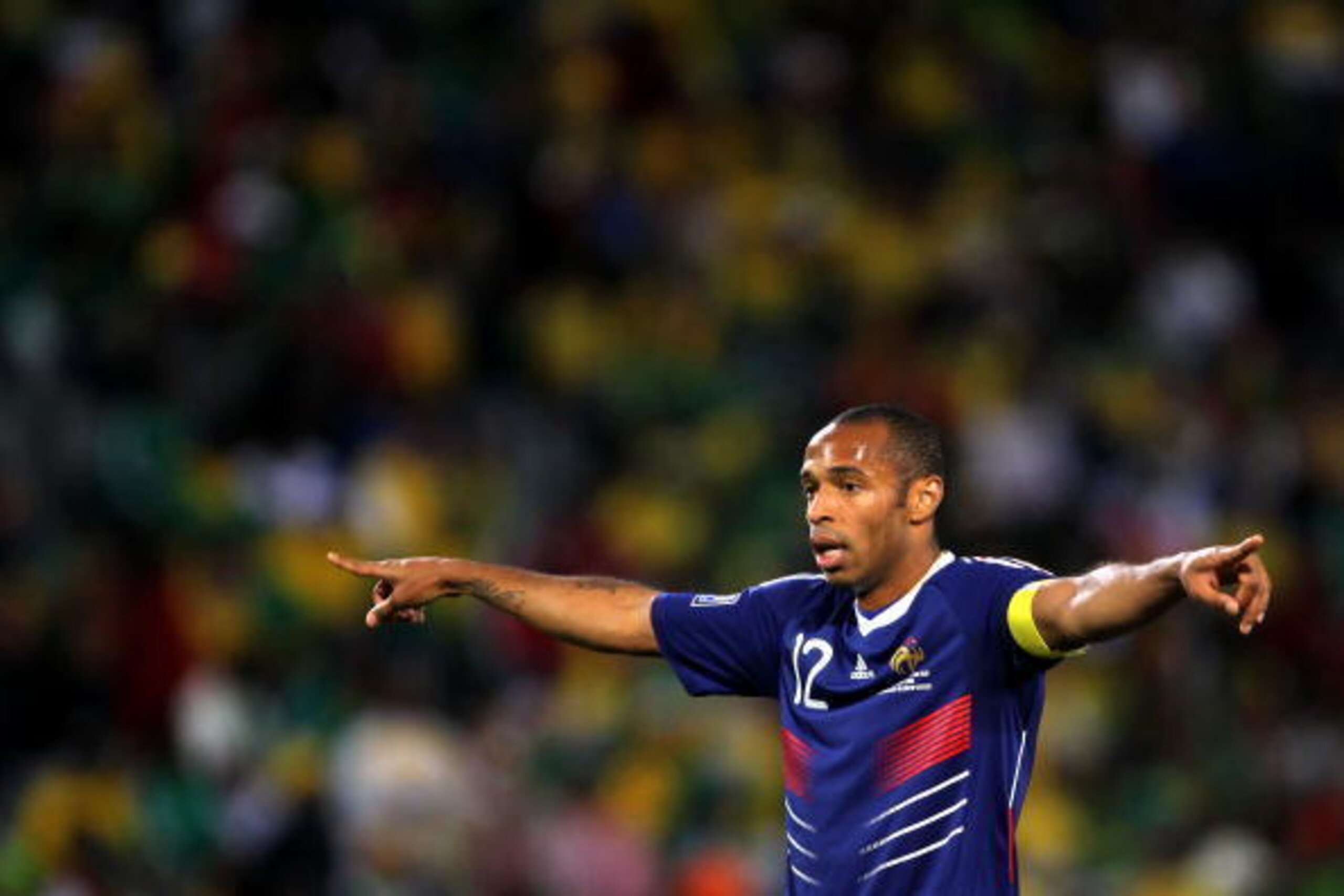 BLOEMFONTEIN, SOUTH AFRICA - JUNE 22:  Thierry Henry of France gestures to team mates during the 2010 FIFA World Cup South Africa Group A match between France and South Africa at the Free State Stadium on June 22, 2010 in Mangaung/Bloemfontein, South Afri