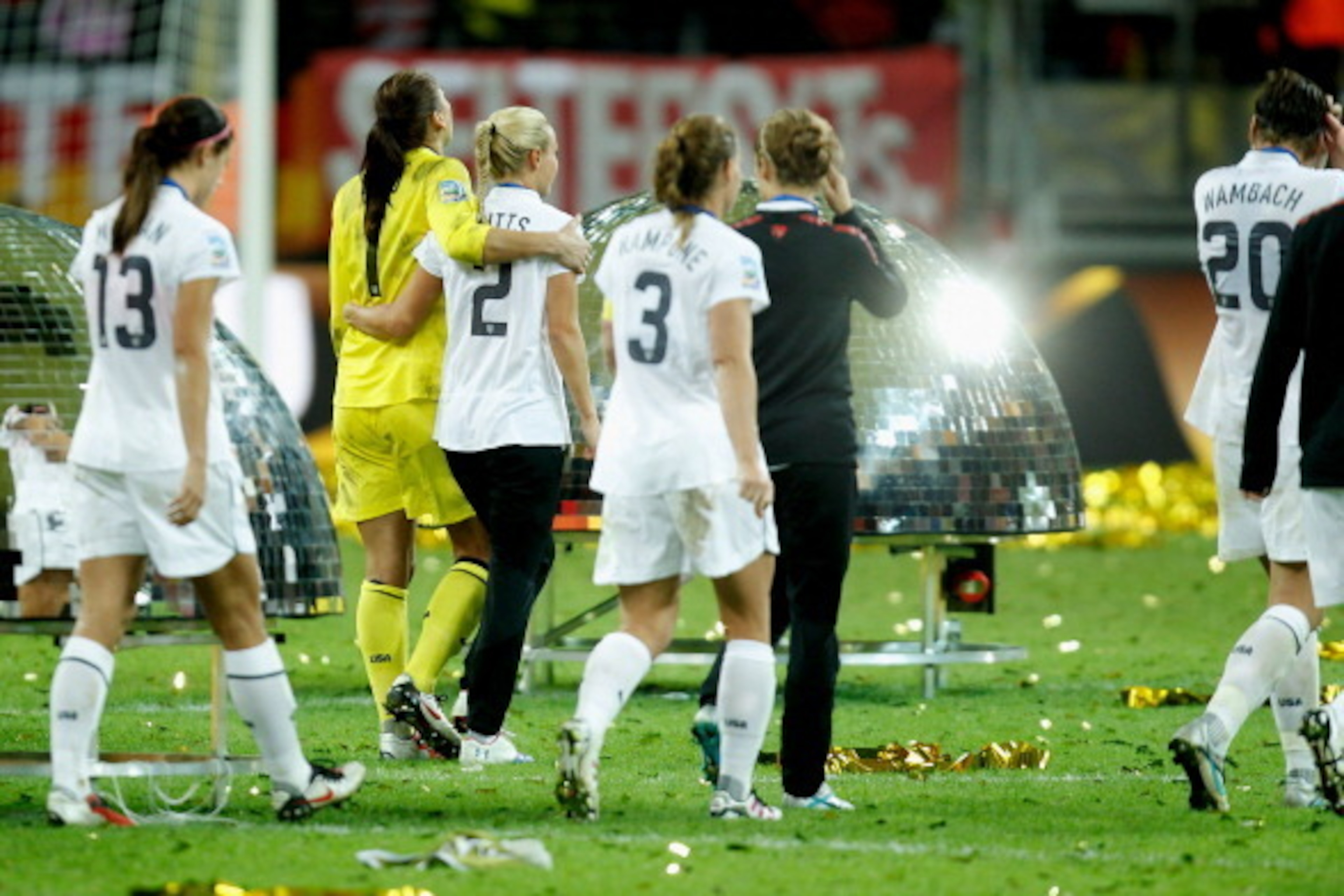 FRANKFURT AM MAIN, GERMANY - JULY 17:  The team of USA look dejected after the FIFA Women's World Cup Final match between Japan and USA at the FIFA World Cup stadium Frankfurt on July 17, 2011 in Frankfurt am Main, Germany.  (Photo by Friedemann Vogel/Get