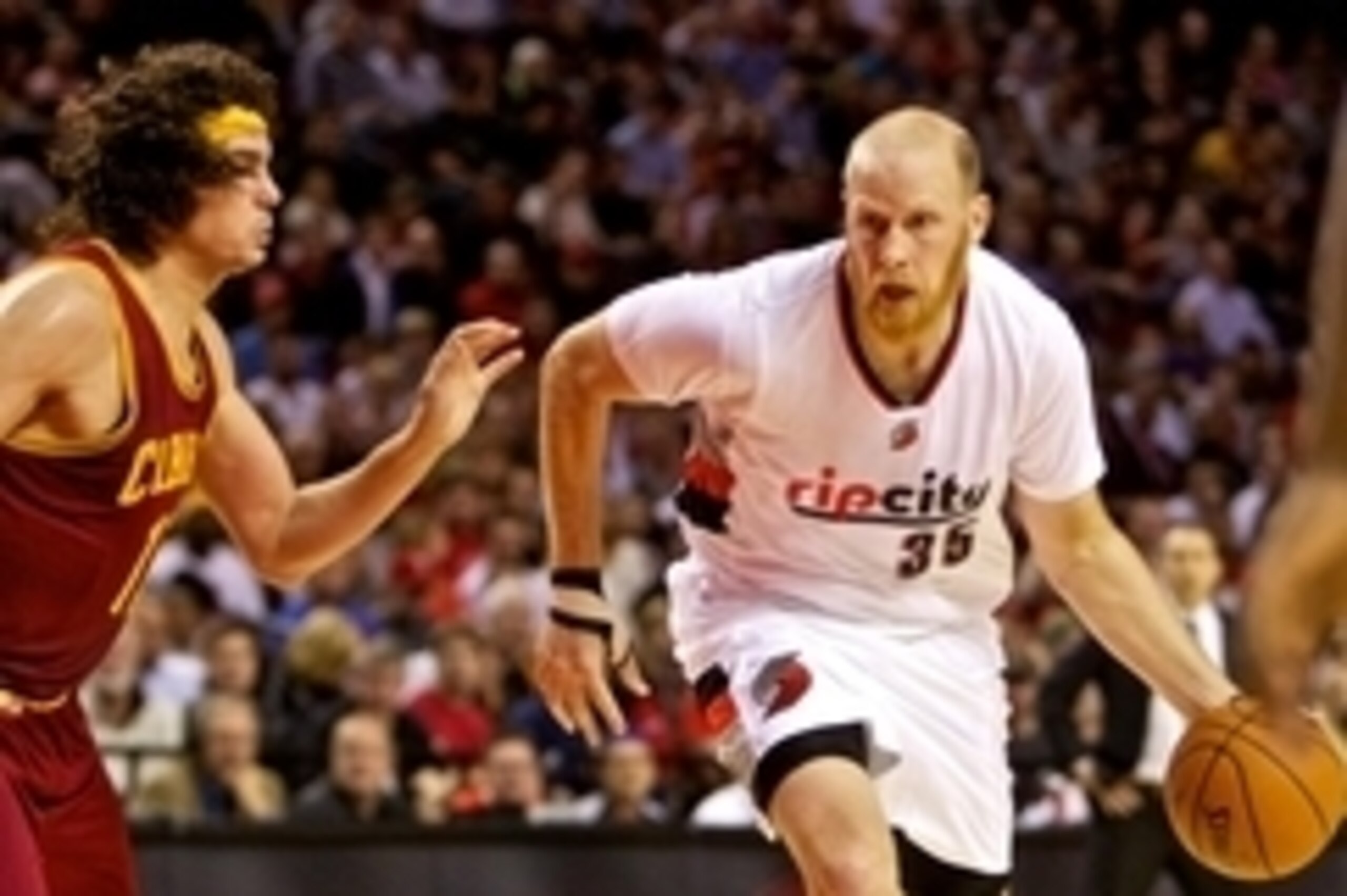 Nov 4, 2014; Portland, OR, USA; Portland Trail Blazers center Chris Kaman (35) drives past Cleveland Cavaliers center Anderson Varejao (17) during the second quarter at the Moda Center. Mandatory Credit: Craig Mitchelldyer-USA TODAY Sports Nov 4, 2014; Portland, OR, USA; Portland Trail Blazers center Chris Kaman (35) drives past Cleveland Cavaliers center Anderson Varejao (17) during the second quarter at the Moda Center. Mandatory Credit: Craig Mitchelldyer-USA TODAY Sports