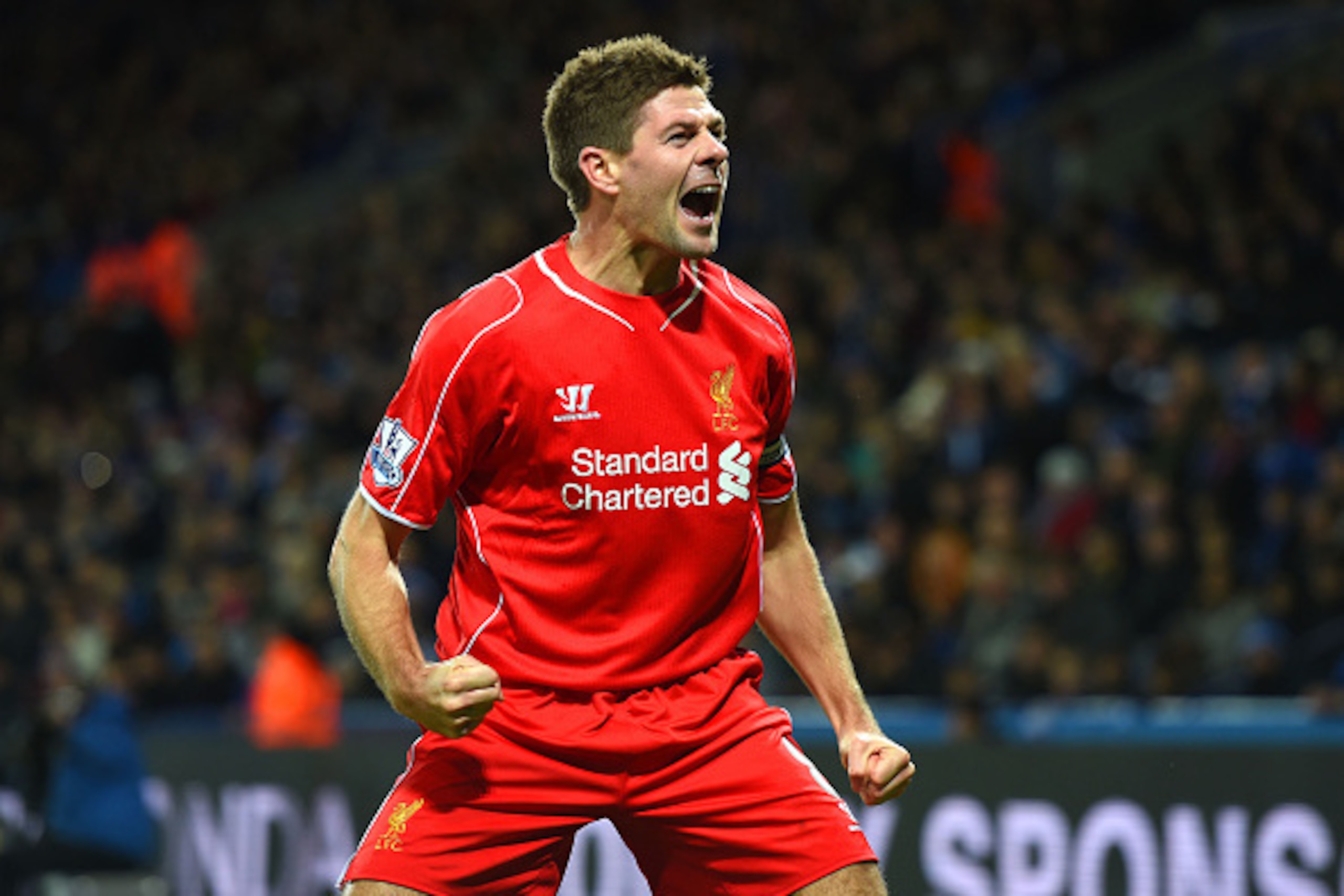 LEICESTER, ENGLAND - DECEMBER 02:  Steven Gerrard of Liverpool celebrates after scoring his team's second goal during the Barclays Premier League match between Leicester City and Liverpool at The King Power Stadium on December 2, 2014 in Leicester, Englan