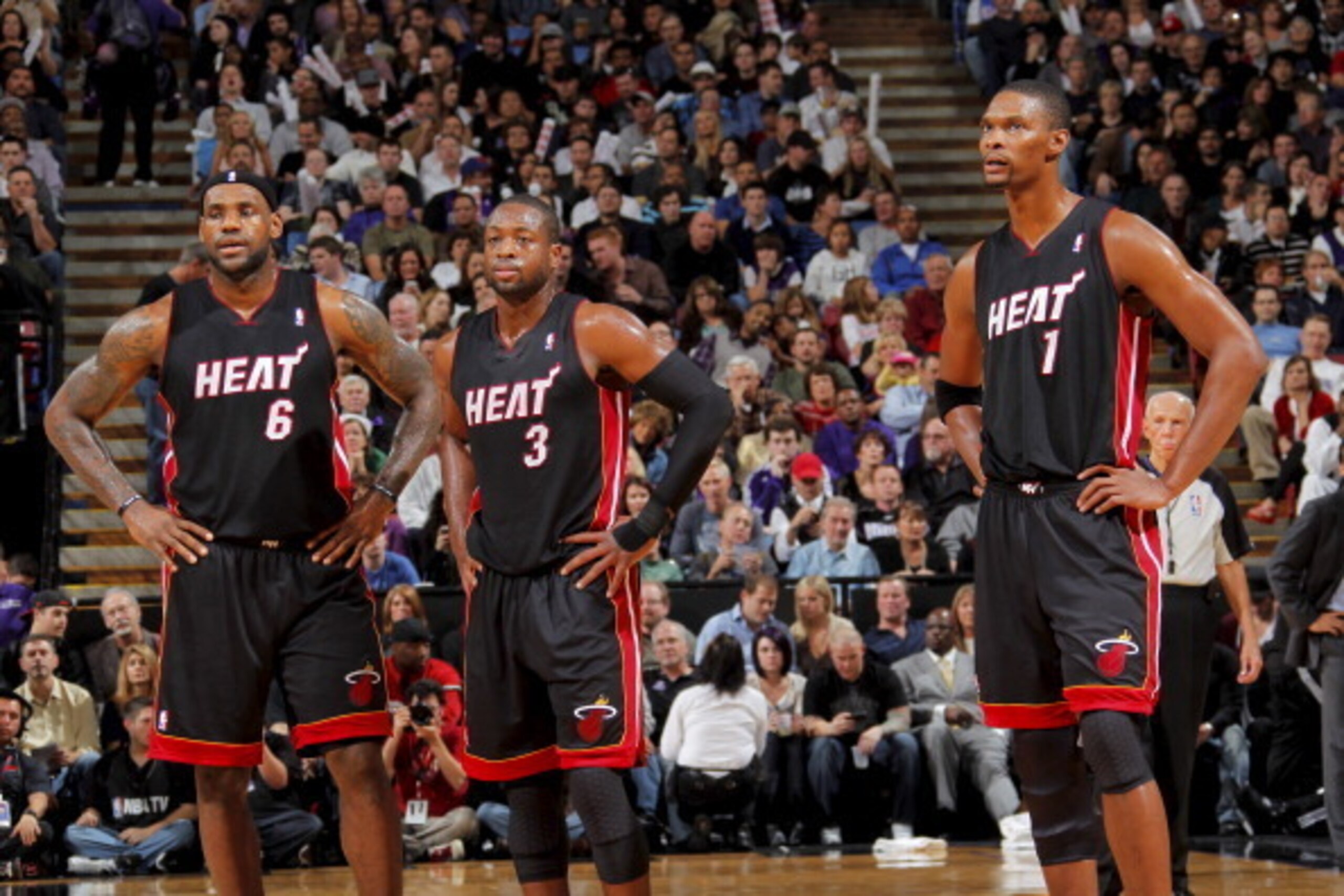 SACRAMENTO, CA - DECEMBER 11:  LeBron James #6, Dwyane Wade #3 and Chris Bosh #1 of the Miami Heat get ready to play the Sacramento Kings on December 11, 2010 at ARCO Arena in Sacramento, California. NOTE TO USER: User expressly acknowledges and agrees th