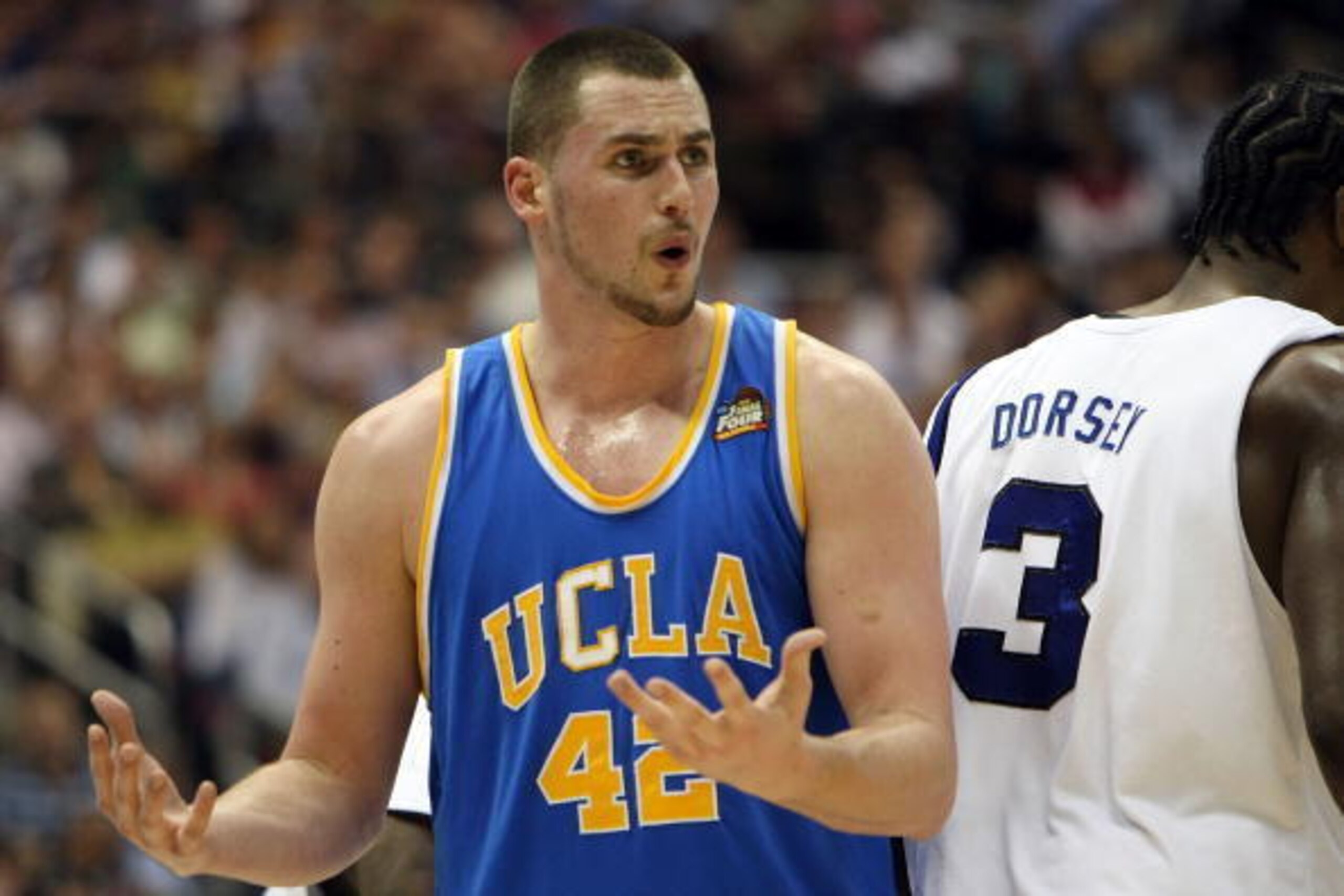 SAN ANTONIO - APRIL 05:  Kevin Love #42 of the UCLA Bruins reacts in the second half while playing the Memphis Tigers during the National Semifinal game of the NCAA Men's Final Four at the Alamodome on April 5, 2008 in San Antonio, Texas.  (Photo by Jed J
