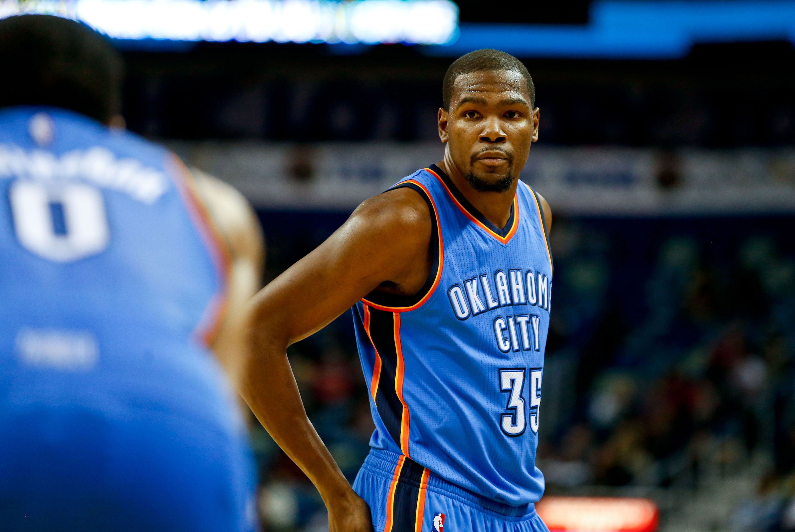 Dec 2, 2014; New Orleans, LA, USA; Oklahoma City Thunder forward Kevin Durant (35) look over to guard Russell Westbrook (0) during the second half of a game against the New Orleans Pelicans at the Smoothie King Center. The Pelicans defeated the Thunder 11
