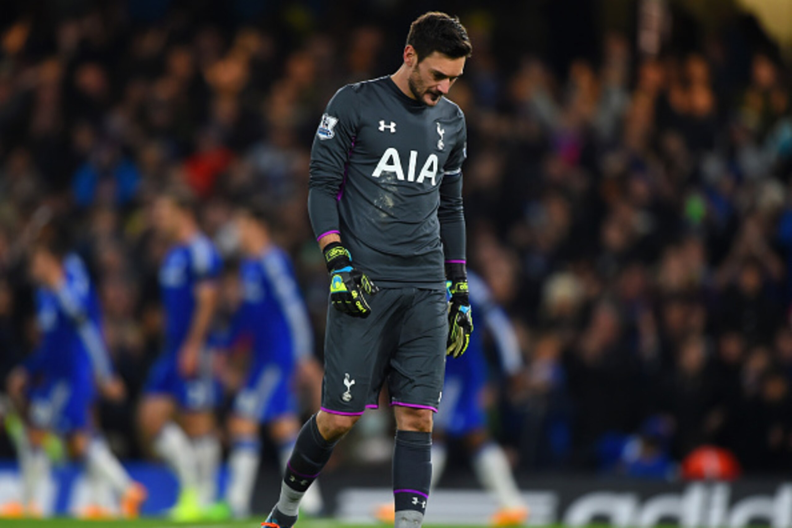LONDON, ENGLAND - DECEMBER 03: A dejected Hugo Lloris of Spurs after Eden Hazard of Chelsea scored the opening goal during the Barclays Premier League match between Chelsea and Tottenham Hotspur at Stamford Bridge on December 3, 2014 in London, England.  