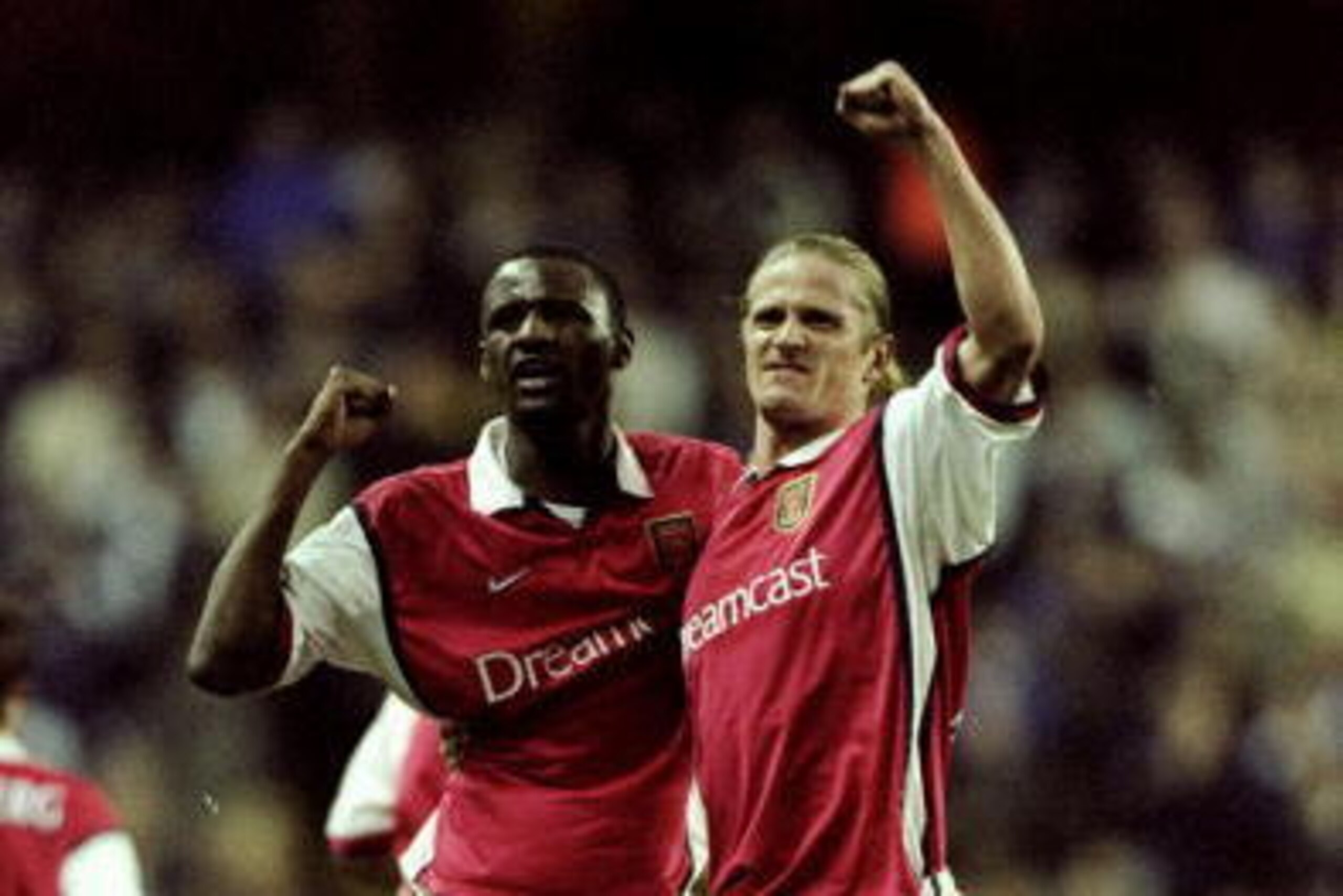 7 Nov 1999:  Arsenal's midfield men Patrick Vieira and Emmanuel Petit celebrate during the FA Carling Premiership match against Tottenham Hotspur at White Hart Lane in London. Spurs won 2-1. \ Mandatory Credit: Phil Cole /Allsport