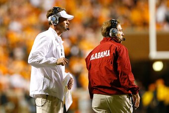 KNOXVILLE, TN - OCTOBER 25:  Offensive coordinator Lane Kiffin and head coach Nick Saban of the Alabama Crimson Tide against the Tennessee Volunteers at Neyland Stadium on October 25, 2014 in Knoxville, Tennessee.  (Photo by Kevin C. Cox/Getty Images)