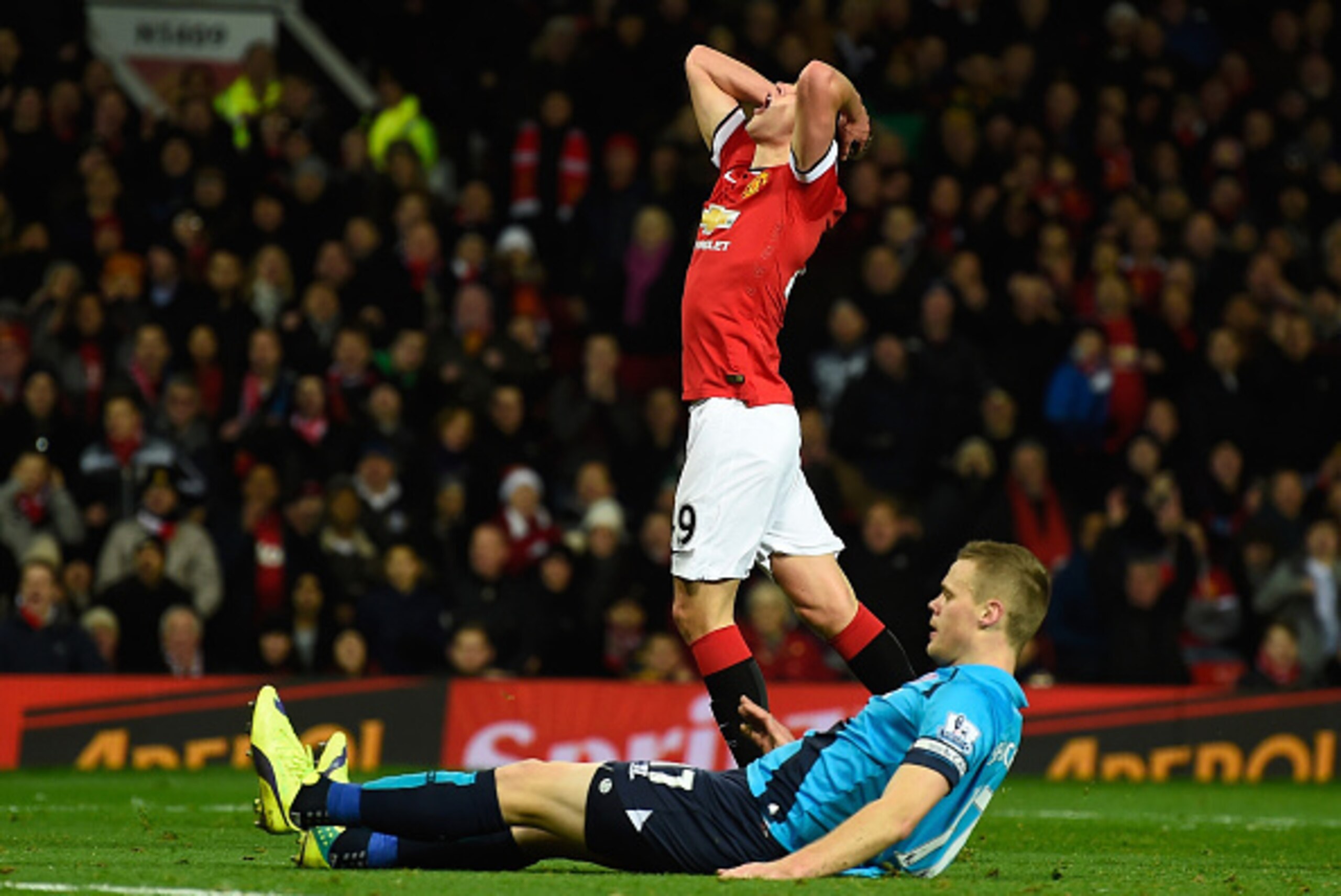 MANCHESTER, ENGLAND - DECEMBER 02:  James Wilson of Manchester United  reacts to a missed chance during the Barclays Premier League match between Manchester United and Stoke City at Old Trafford on December 2, 2014 in Manchester, England.  (Photo by Mike 