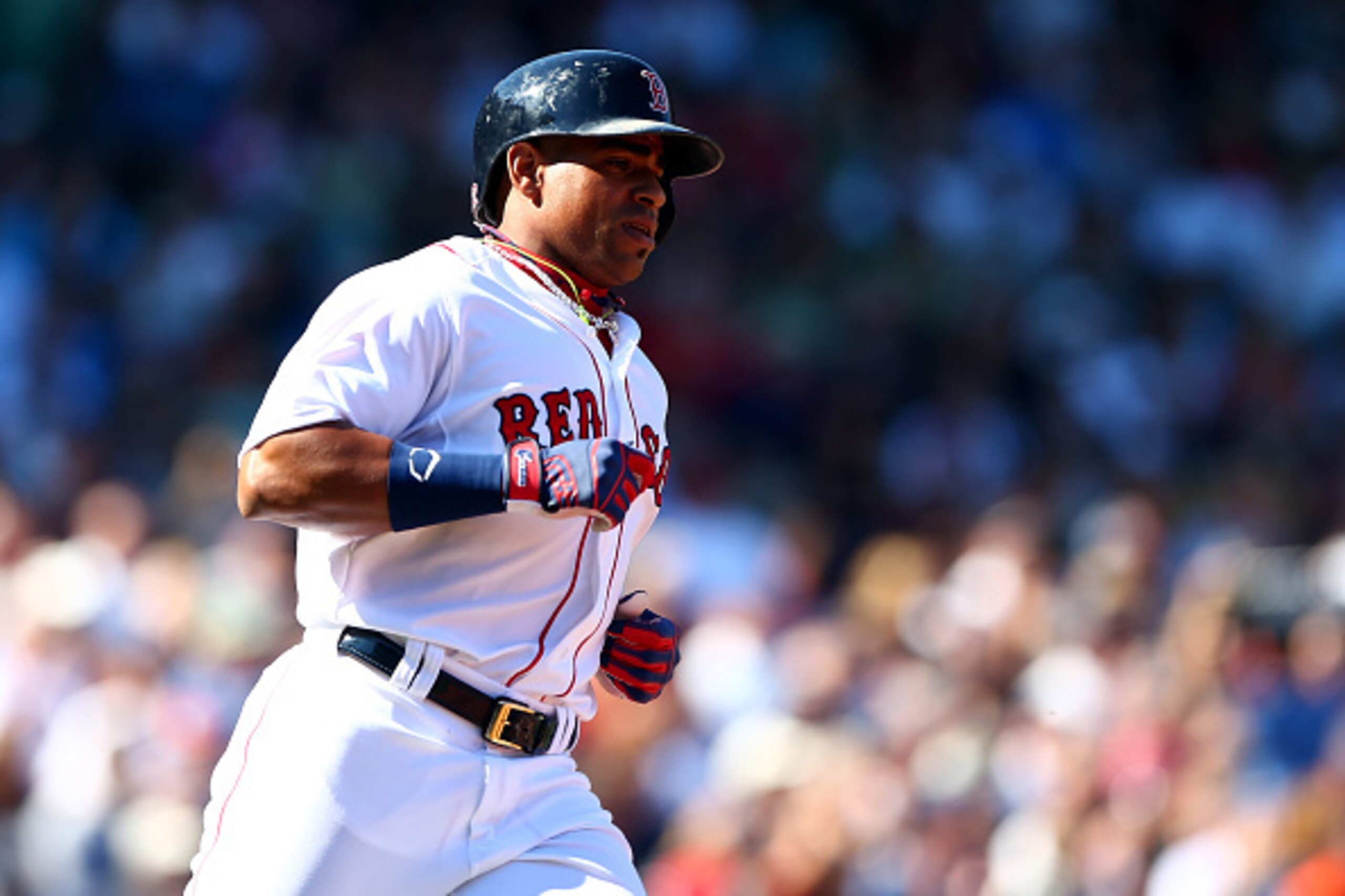 BOSTON, MA - SEPTEMBER 27: Yoenis Cespedes #52 of the Boston Red Sox runs to first base after a hit in the second inning against the New York Yankees during a game at Fenway Park on September 27, 2014 in Boston, Massachusetts.  (Photo by Elsa/Getty Images