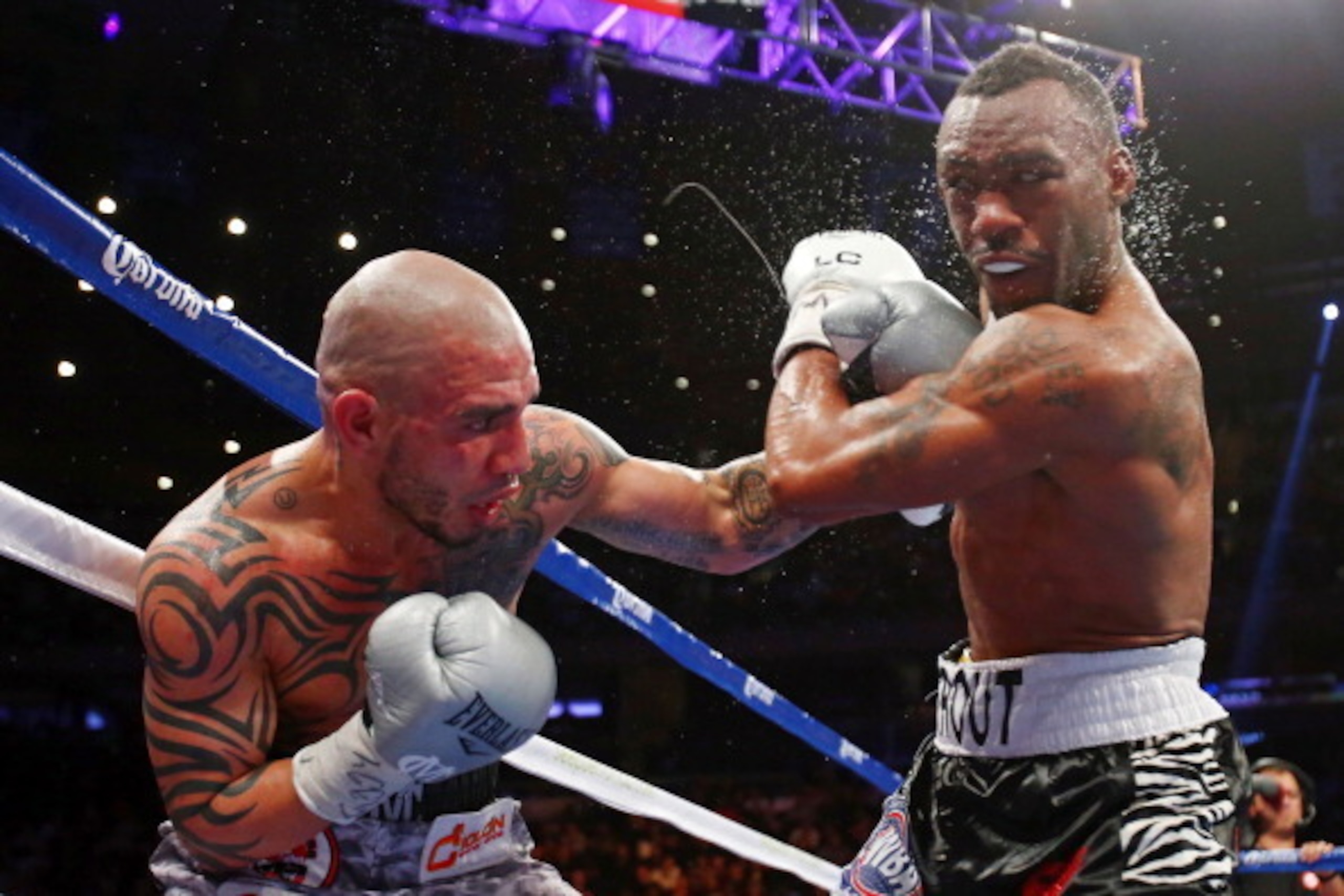 NEW YORK, NY - DECEMBER 01: Miguel Cotto (L) connects on a punch while fighting against Austin Trout in their WBA Super Welterweight Championship title fight at Madison Square Garden on December 1, 2012 in New York City. (Photo by Elsa/Getty Images) NEW YORK, NY - DECEMBER 01: Miguel Cotto (L) connects on a punch while fighting against Austin Trout in their WBA Super Welterweight Championship title fight at Madison Square Garden on December 1, 2012 in New York City. (Photo by Elsa/Getty Images)