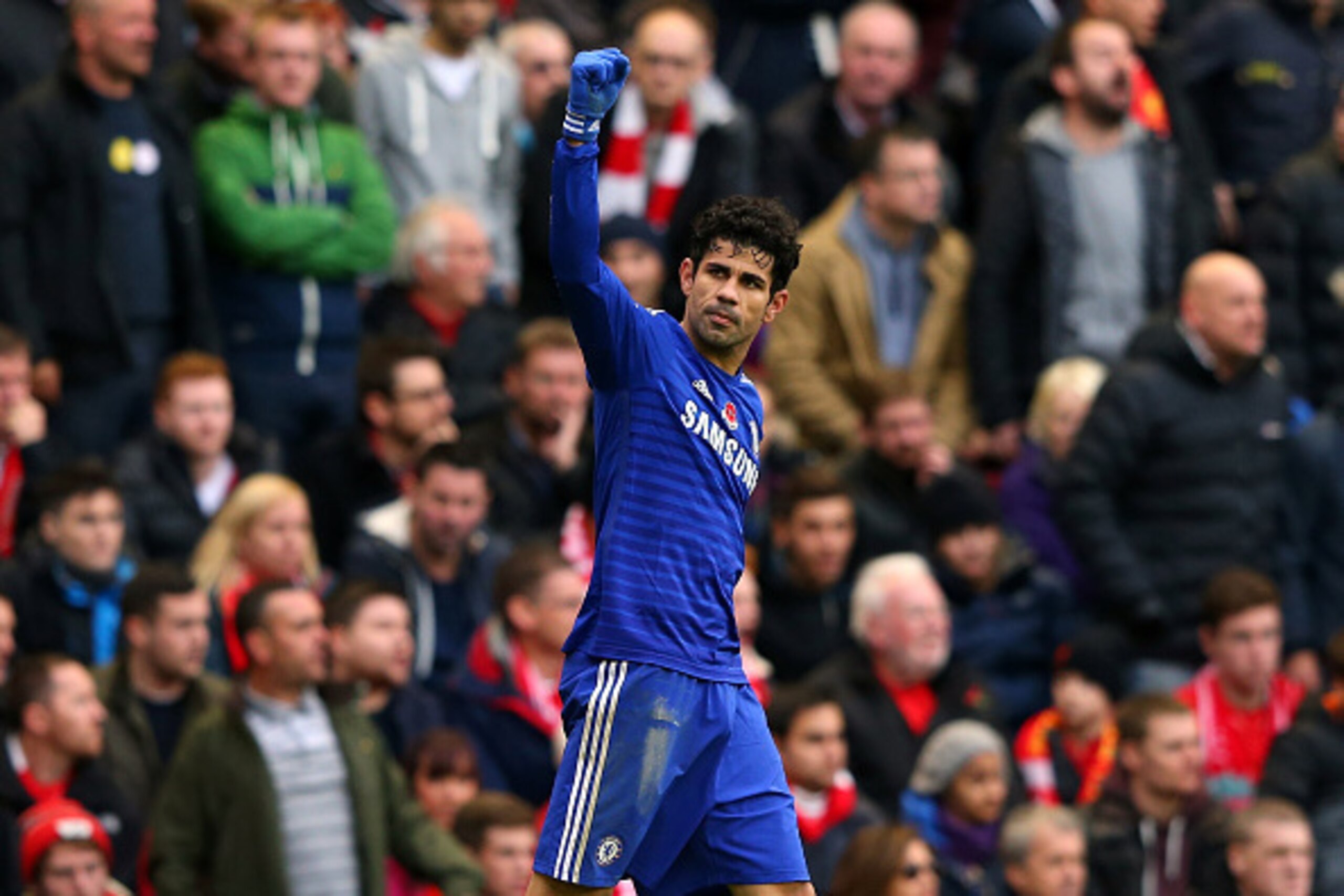LIVERPOOL, ENGLAND - NOVEMBER 08: Diego Costa of Chelsea celebrates after scoring the winning goal during the Barclays Premier League match between Liverpool and Chelsea at Anfield on November 8, 2014 in Liverpool, England. (Photo by Alex Livesey/Getty LIVERPOOL, ENGLAND - NOVEMBER 08: Diego Costa of Chelsea celebrates after scoring the winning goal during the Barclays Premier League match between Liverpool and Chelsea at Anfield on November 8, 2014 in Liverpool, England. (Photo by Alex Livesey/Getty