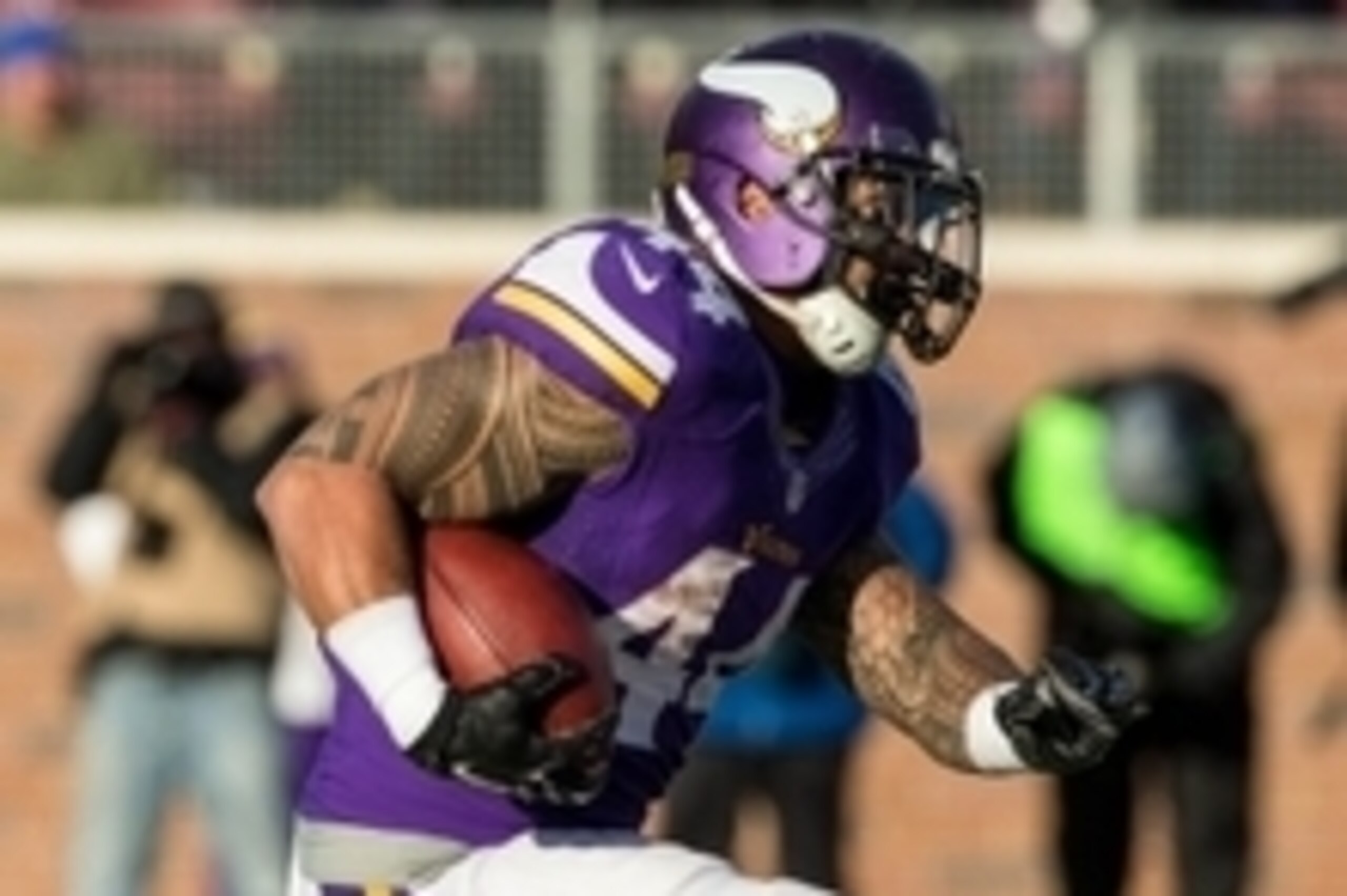 Nov 30, 2014; Minneapolis, MN, USA; Minnesota Vikings running back Matt Asiata (44) carries the ball during the third quarter against the Carolina Panthers at TCF Bank Stadium. The Vikings defeated the Panthers 31-13. Mandatory Credit: Brace Hemmelgarn-US
