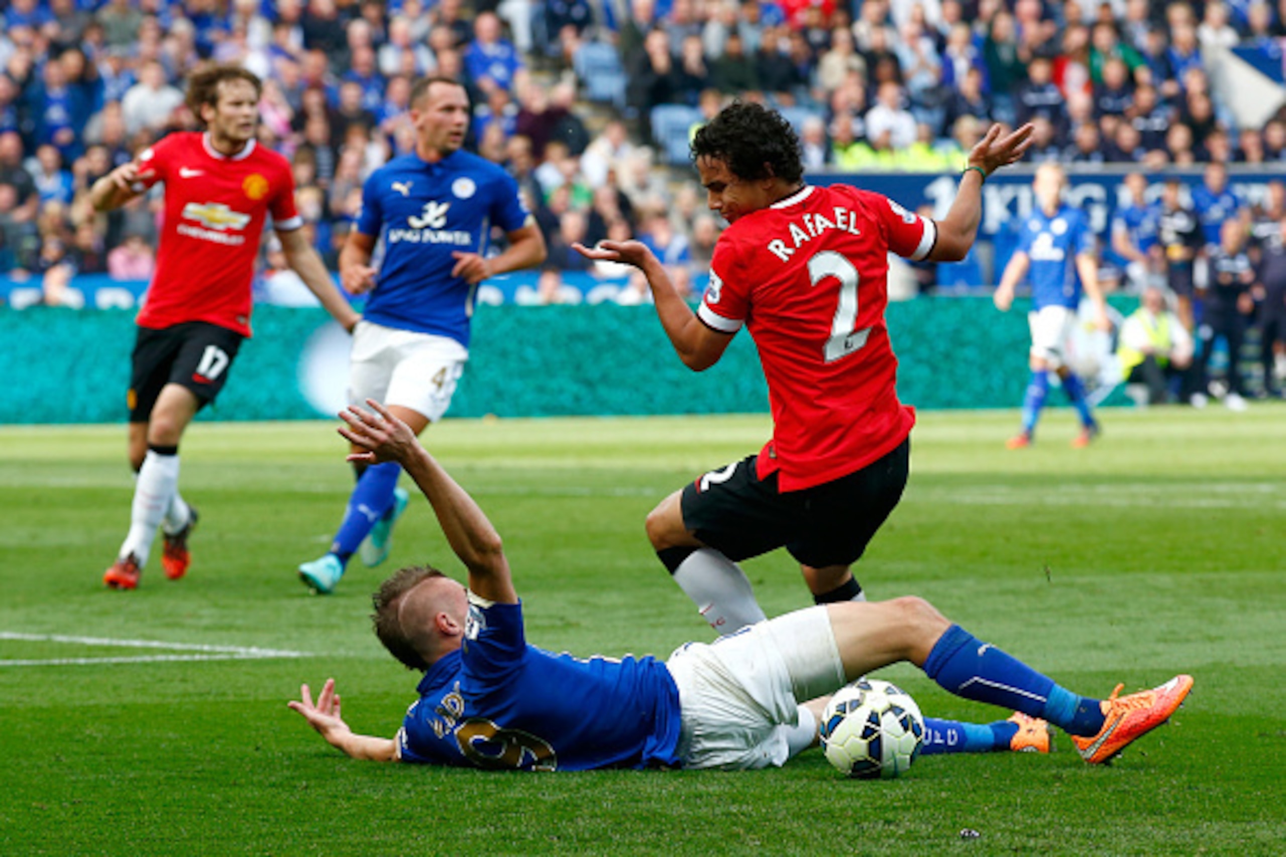 LEICESTER, ENGLAND - SEPTEMBER 21:  Rafael of Manchester United reacts after bringing down Jamie Varley of Leicester City in the penalty area during the Barclays Premier League match between Leicester City and Manchester United at The King Power Stadium o