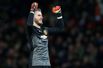 MANCHESTER, ENGLAND - DECEMBER 02:  David De Gea of Manchester United celebrates at the end of the Barclays Premier League match between Manchester United and Stoke City at Old Trafford on December 2, 2014 in Manchester, England.  (Photo by Alex Livesey/G
