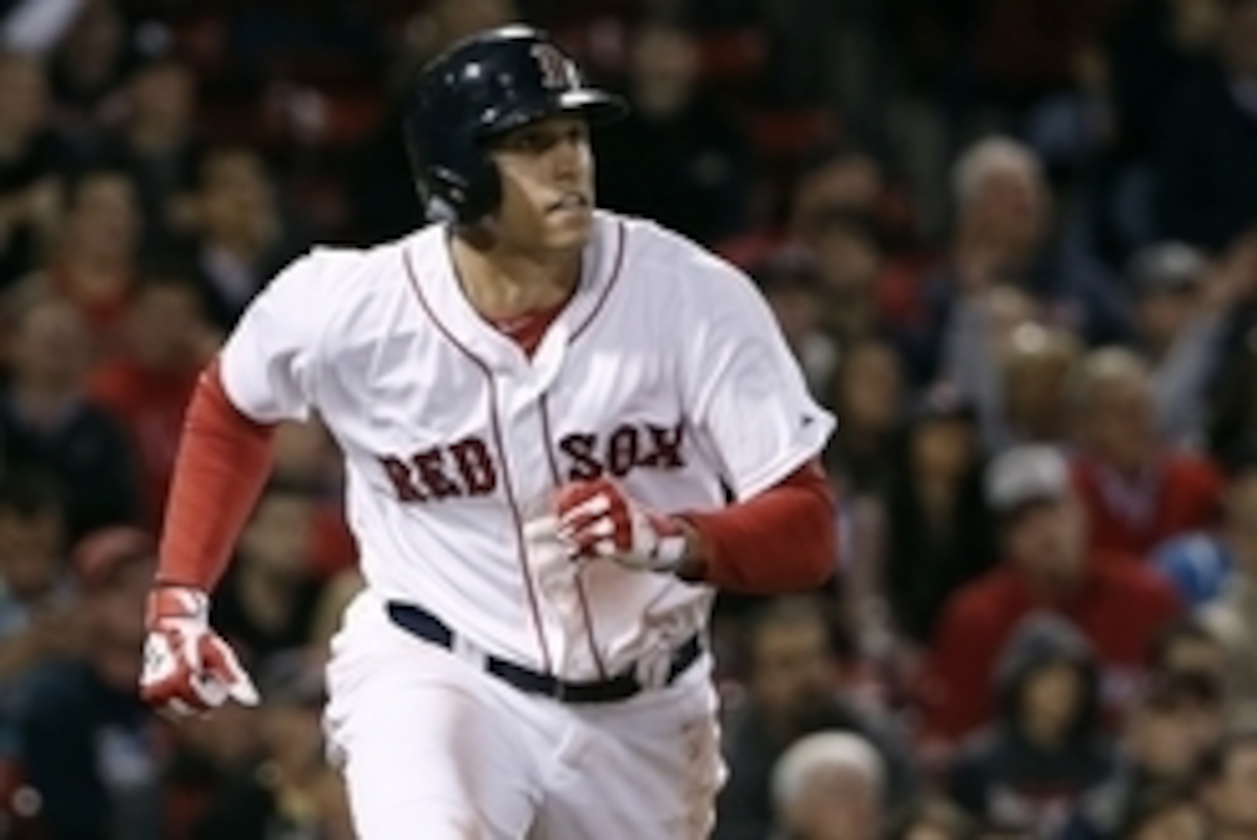 Sep 24, 2014; Boston, MA, USA; Boston Red Sox third baseman Garin Cecchini (70) watches his solo home run against the Tampa Bay Rays during the second inning at Fenway Park. Mandatory Credit: Winslow Townson-USA TODAY Sports