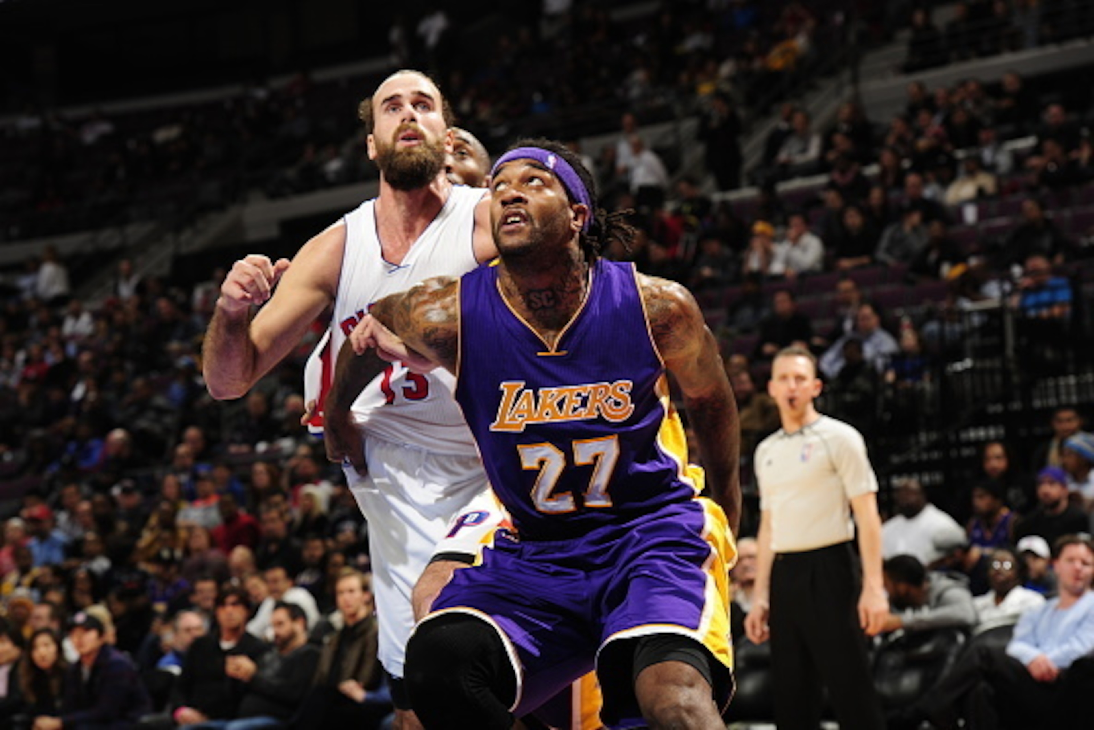 AUBURN HILLS, MI - DECEMBER 2: Jordan Hill #27 of the Los Angeles Lakers battles for position against Luigi Datome #13 of the Detroit Pistons on December 2, 2014 at The Palace of Auburn Hills in Auburn Hills, Michigan. NOTE TO USER: User expressly acknowl AUBURN HILLS, MI - DECEMBER 2: Jordan Hill #27 of the Los Angeles Lakers battles for position against Luigi Datome #13 of the Detroit Pistons on December 2, 2014 at The Palace of Auburn Hills in Auburn Hills, Michigan. NOTE TO USER: User expressly acknowl