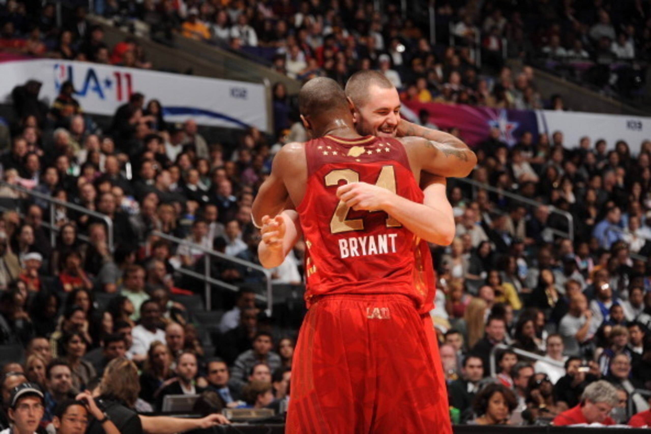 LOS ANGELES, CA - FEBRUARY 20:  Kevin Love #42 and Kobe Bryant #24 of the Western Conference All-Stars hug after helping their team defeat the Eastern Conference All-Stars in the 2011 NBA All-Star Game at Staples Center on February 20, 2011 in Los Angeles