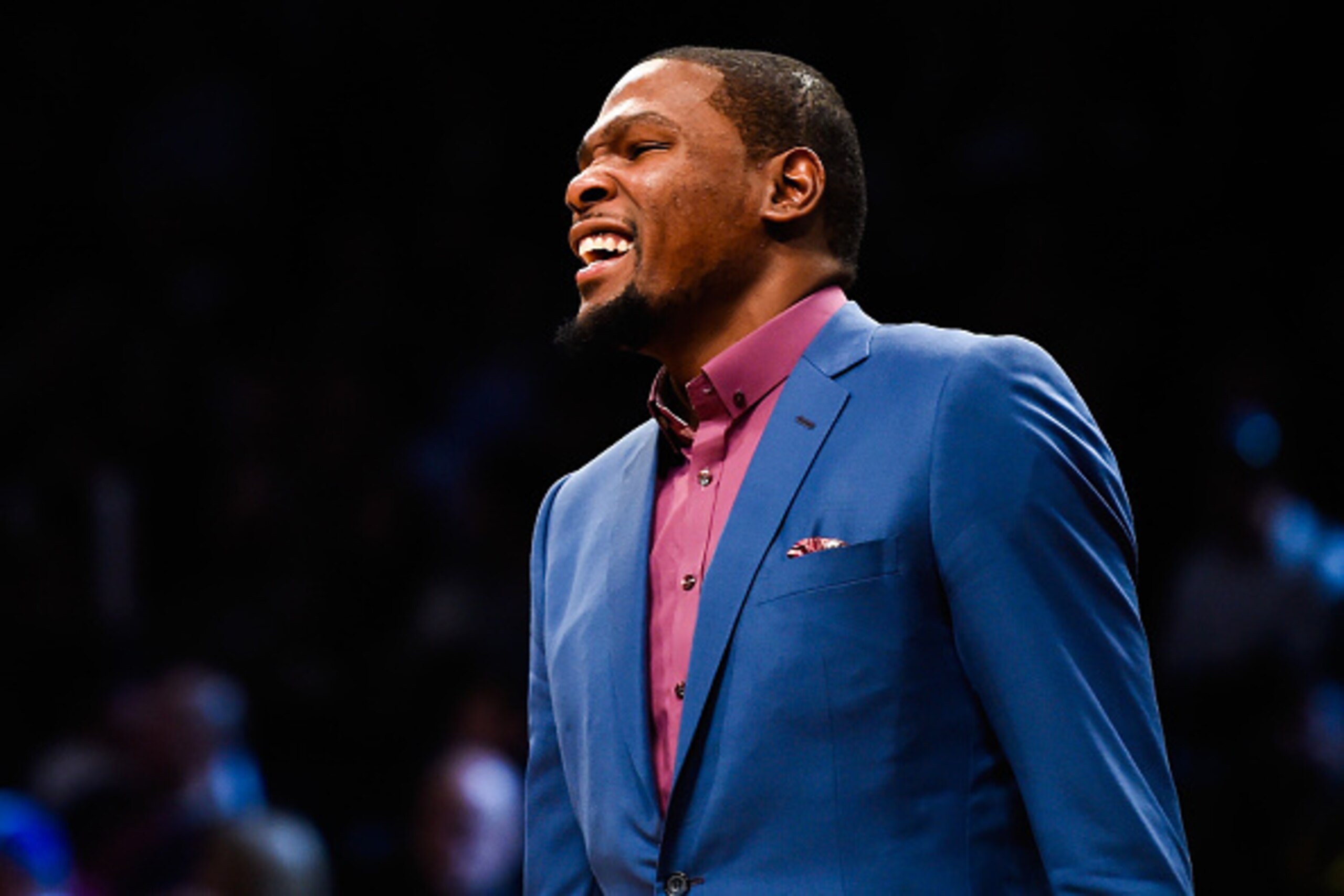 NEW YORK, NY - NOVEMBER 03:  Kevin Durant #35 of the Oklahoma City Thunder looks on during a game against the Brooklyn Nets at the Barclays Center on November 3, 2014 in the Brooklyn borough of New York City. NOTE TO USER: User expressly acknowledges and 