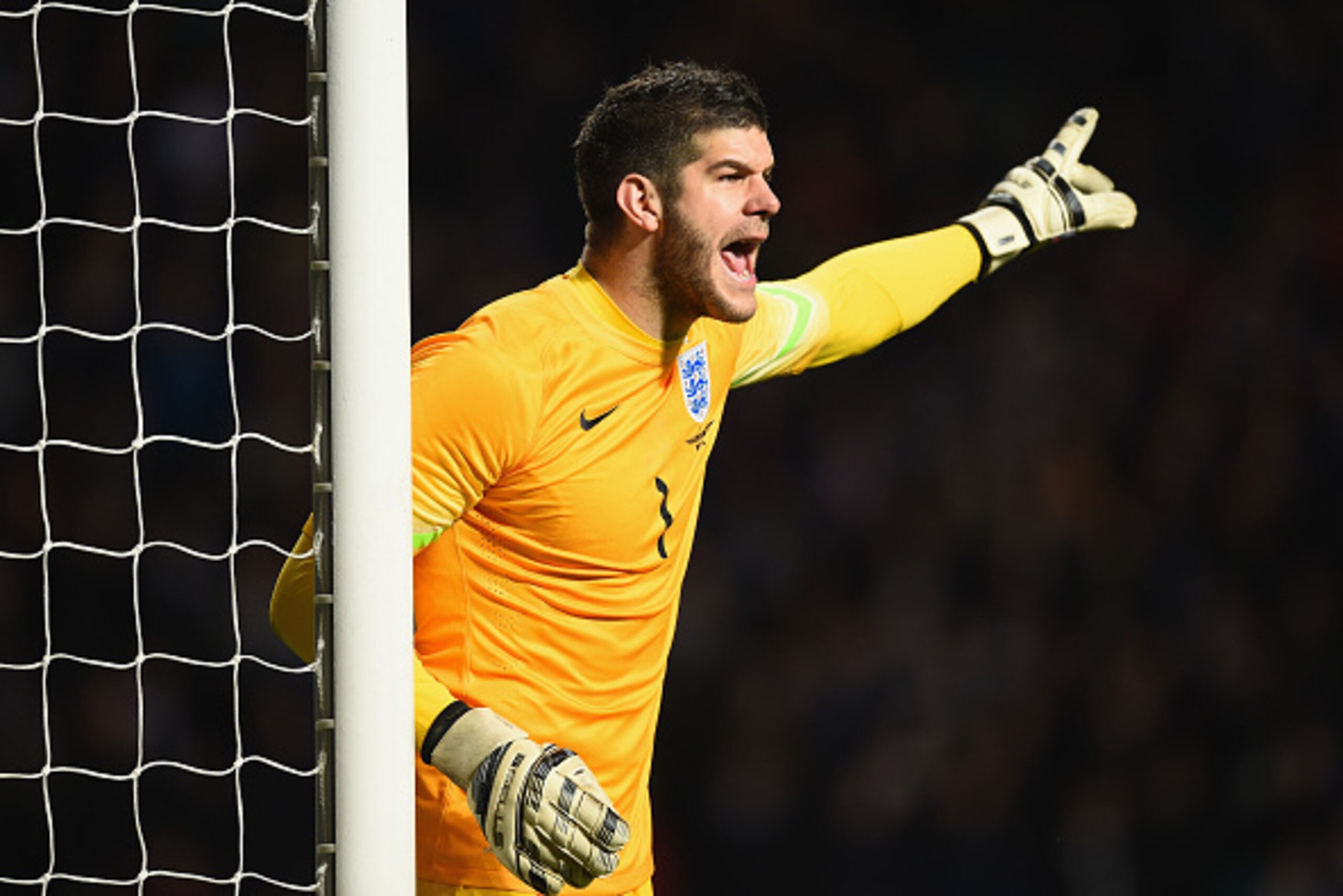 GLASGOW, SCOTLAND - NOVEMBER 18:  Fraser Forster of England give direction during the International Friendly between Scotland and England at Celtic Park Stadium on November 18, 2014 in Glasgow, Scotland.  (Photo by Shaun Botterill/Getty Images)