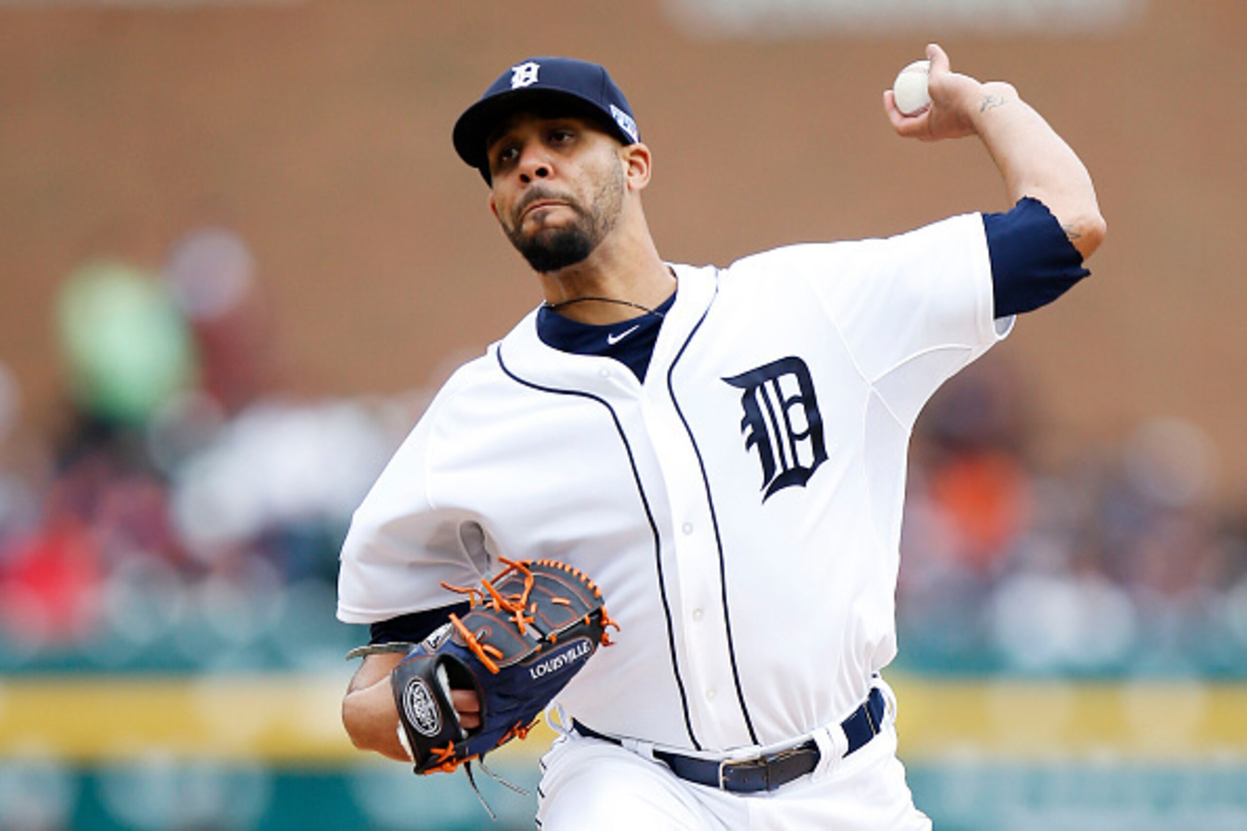 DETROIT, MI - OCTOBER 05:  David Price #14 of the Detroit Tigers pitches in the first inning against the Baltimore Orioles during Game Three of the American League Division Series at Comerica Park on October 5, 2014 in Detroit, Michigan.  (Photo by Gregor