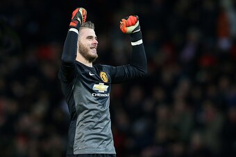 MANCHESTER, ENGLAND - DECEMBER 02:  David De Gea of Manchester United celebrates at the end of the Barclays Premier League match between Manchester United and Stoke City at Old Trafford on December 2, 2014 in Manchester, England.  (Photo by Alex Livesey/G