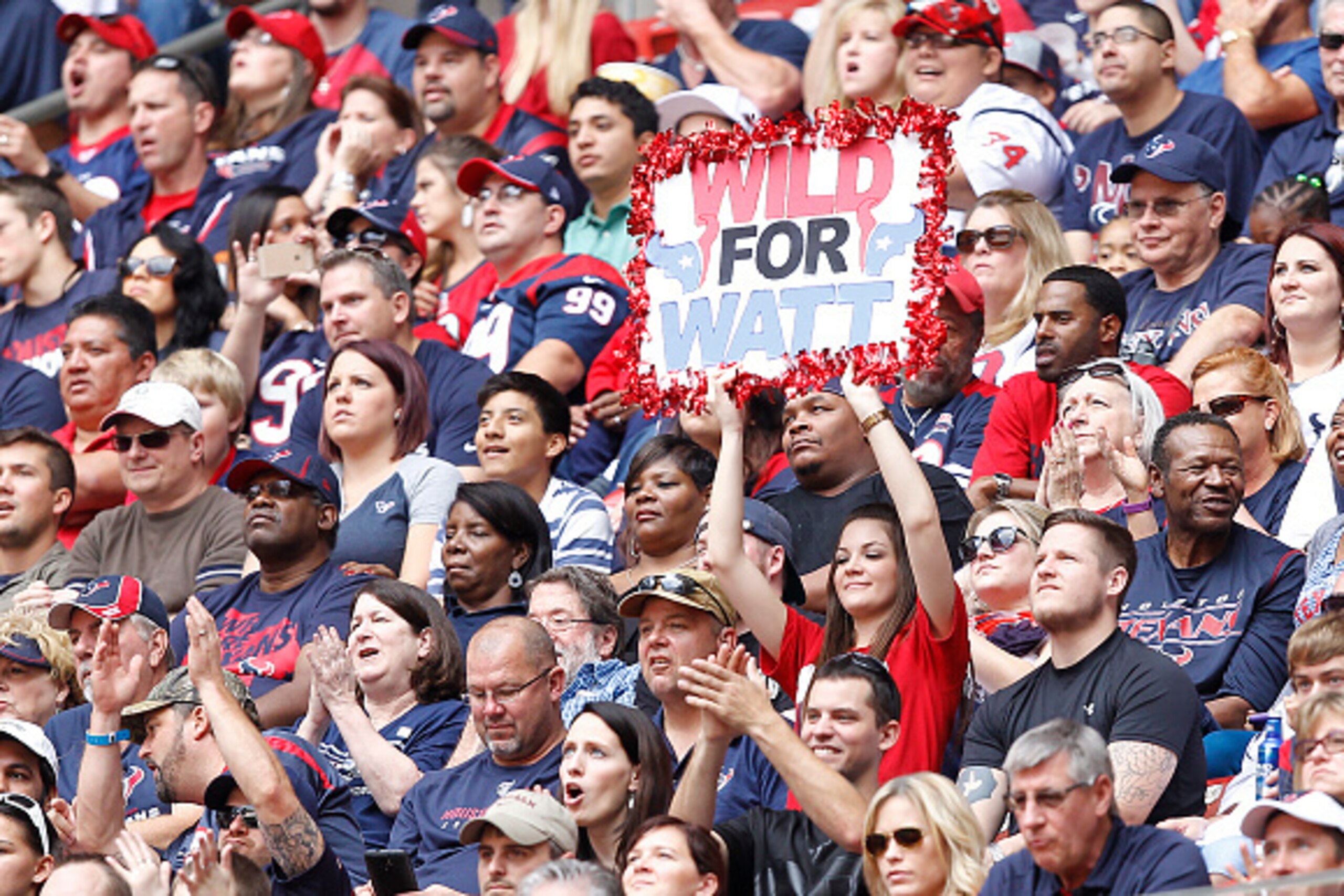 HOUSTON, TX - NOVEMBER 30: A fan holds a J.J. Watt sign while watching the Houston Texans play the Tennessee Titans in the second quarter in a NFL game on November 30, 2014 at NRG Stadium in Houston, Texas. (Photo by Bob Levey/Getty Images)