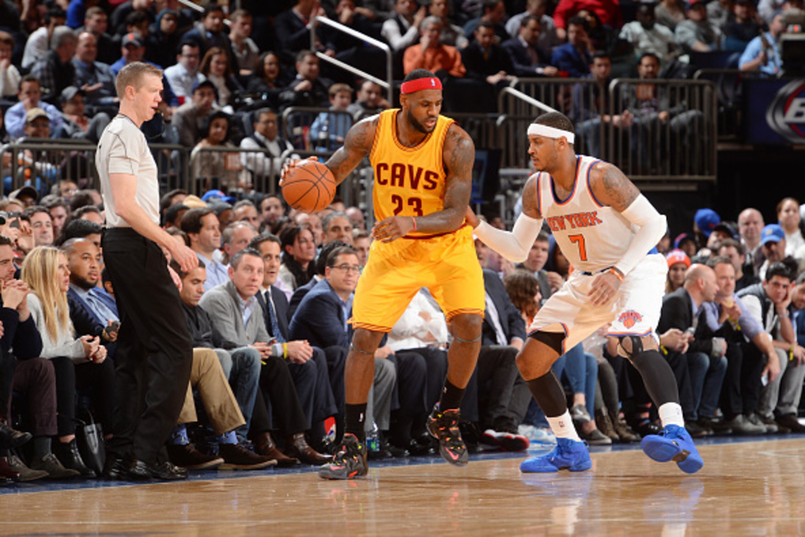 NEW YORK, NY - December 4: LeBron James #23 of the Cleveland Cavaliers defends the ball against Carmelo Anthony #7 of the New York Knicks during the game on December 4, 2014 at Madison Square Garden in New York City, New York. NOTE TO USER: User expressly