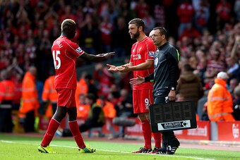 LIVERPOOL, ENGLAND - SEPTEMBER 27:  Rickie Lambert of Liverpool comes on as a second half substitute for Mario Balotelli of Liverpool uring the Barclays Premier League match between Liverpool and Everton at Anfield on September 27, 2014 in Liverpool, Engl