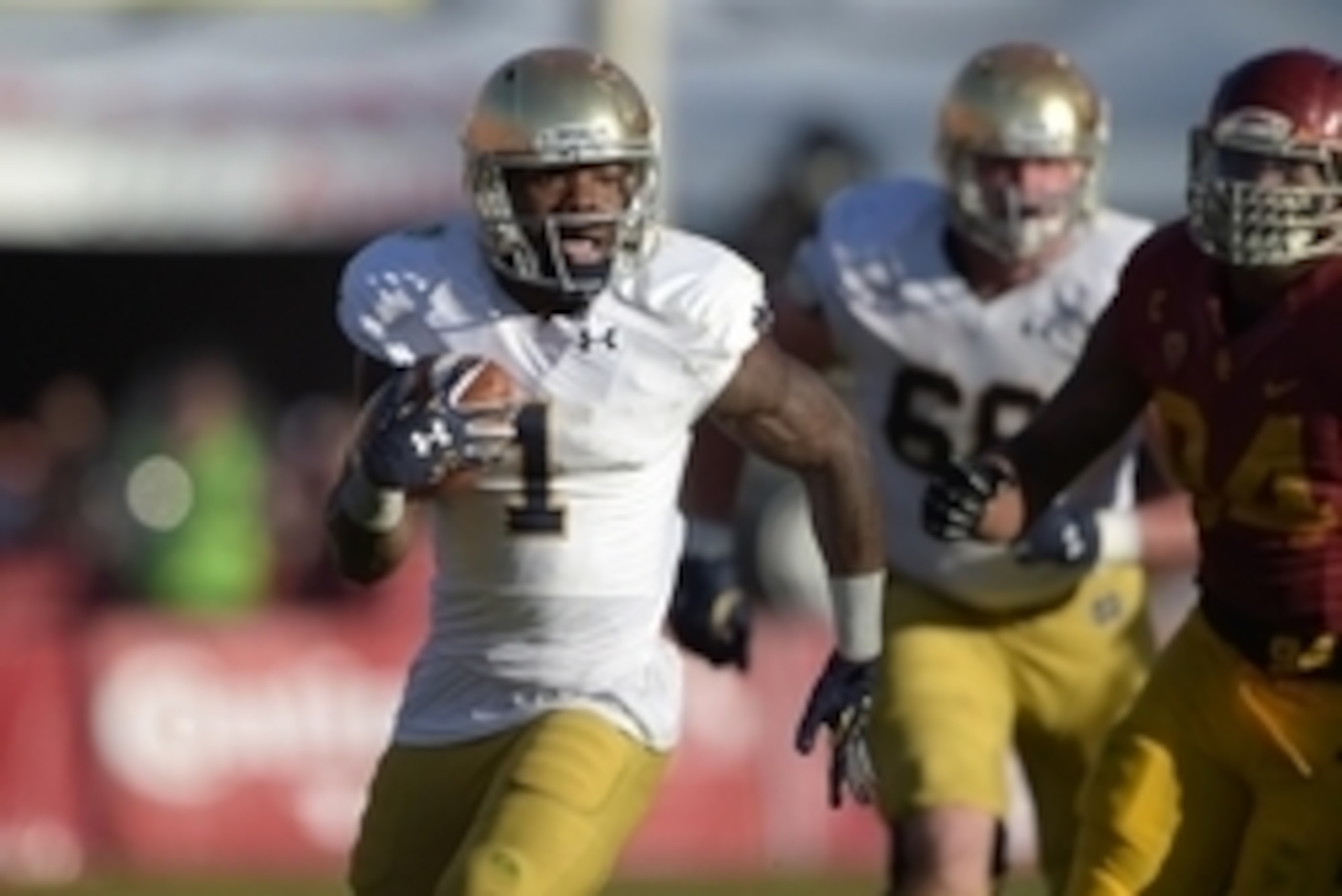 Nov 29, 2014; Los Angeles, CA, USA; Notre Dame Fighting Irish running back Greg Bryant (1) carries the ball against the Southern California Trojans at Los Angeles Memorial Coliseum. USC defeated Notre Dame 49-14. Mandatory Credit: Kirby Lee-USA TODAY Sp Nov 29, 2014; Los Angeles, CA, USA; Notre Dame Fighting Irish running back Greg Bryant (1) carries the ball against the Southern California Trojans at Los Angeles Memorial Coliseum. USC defeated Notre Dame 49-14. Mandatory Credit: Kirby Lee-USA TODAY Sp