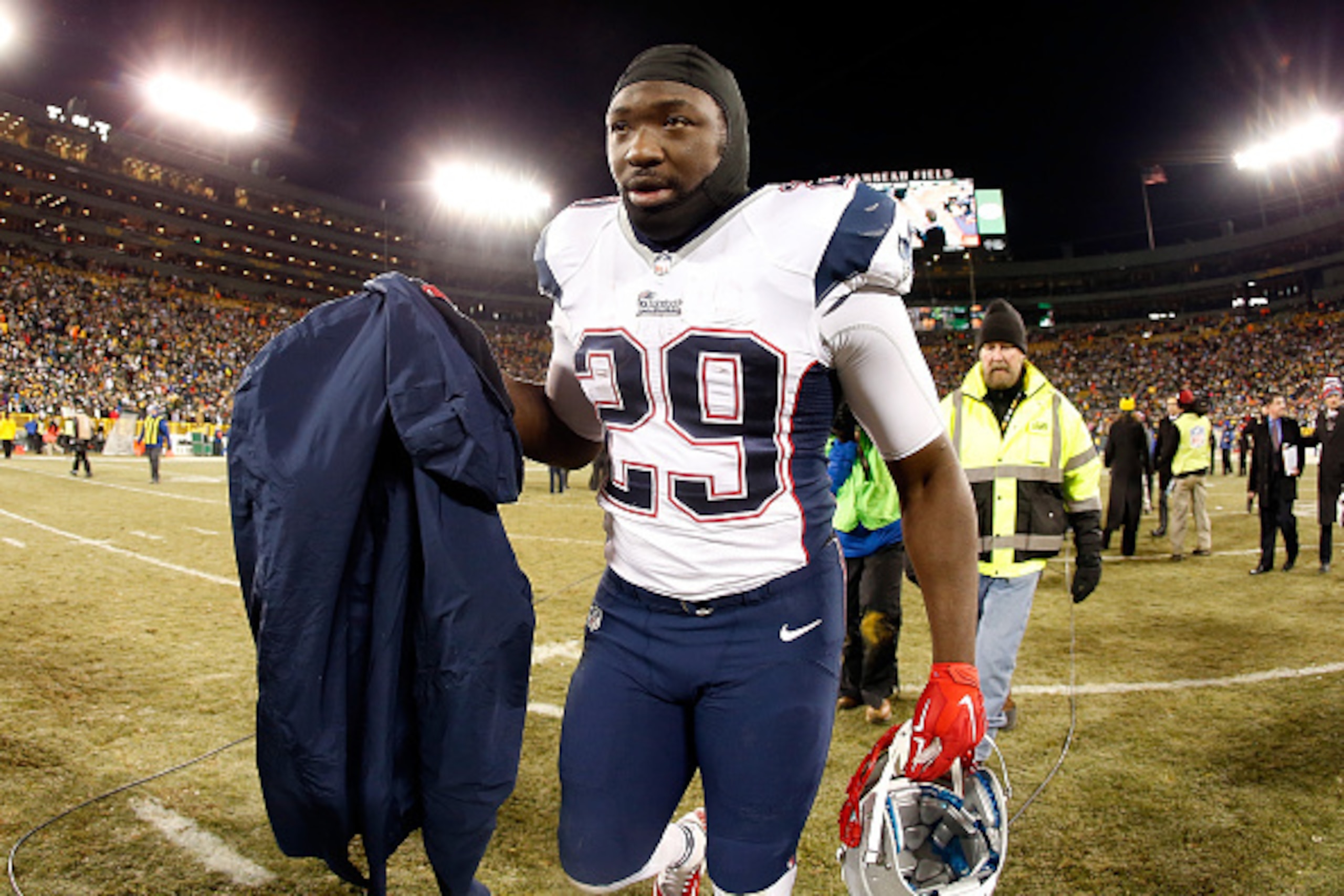 GREEN BAY, WI - NOVEMBER 30:  Running back LeGarrette Blount #29 of the New England Patriots walks off the field following the NFL game against the Green Bay Packers at Lambeau Field on November 30, 2014 in Green Bay, Wisconsin. The Packers defeated the P