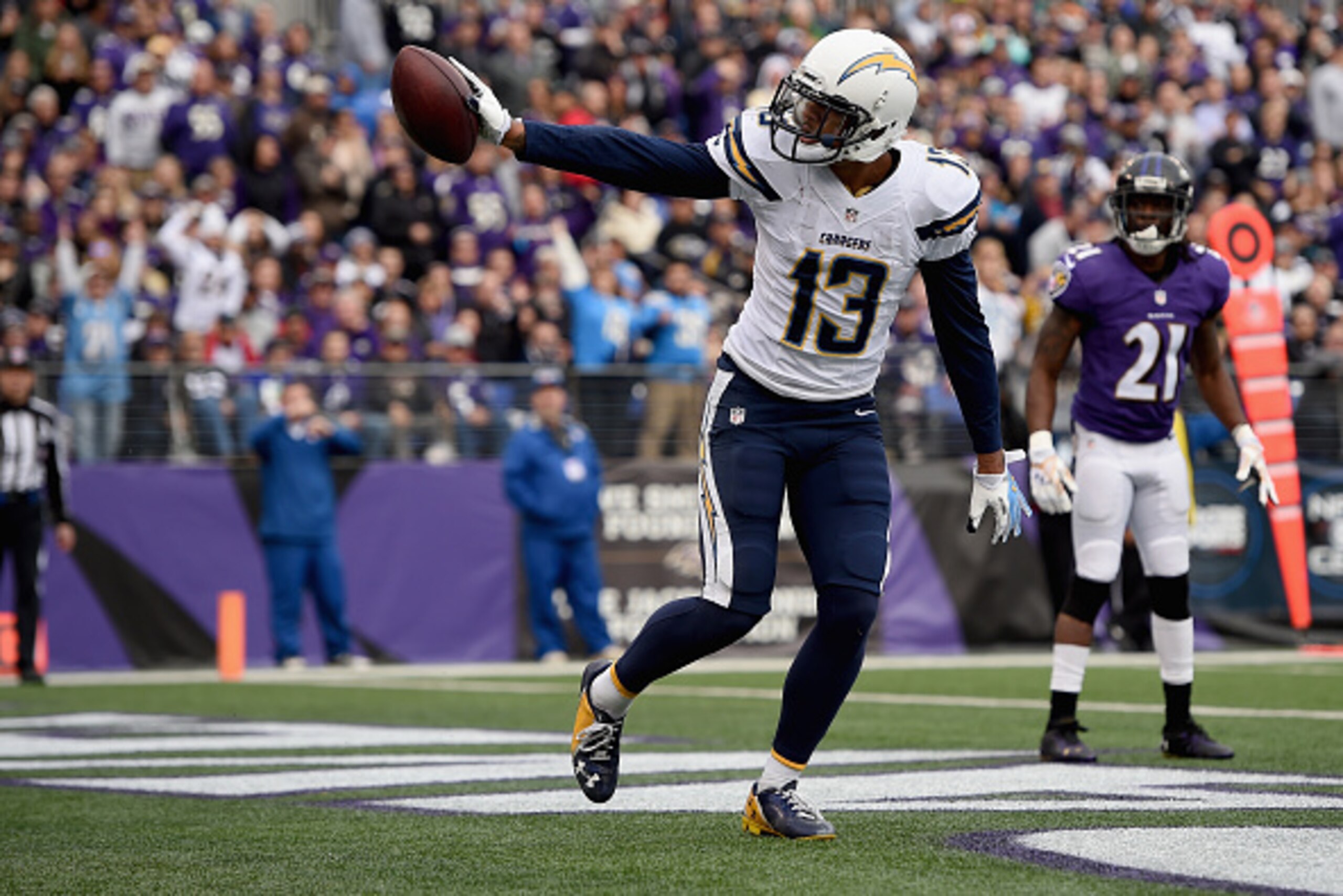 BALTIMORE, MD - NOVEMBER 30: Wide receiver Keenan Allen #13 of the San Diego Chargers celebrates after catching a first quarter touchdown against the Baltimore Ravens at M&T Bank Stadium on November 30, 2014 in Baltimore, Maryland.  (Photo by Patrick Smit
