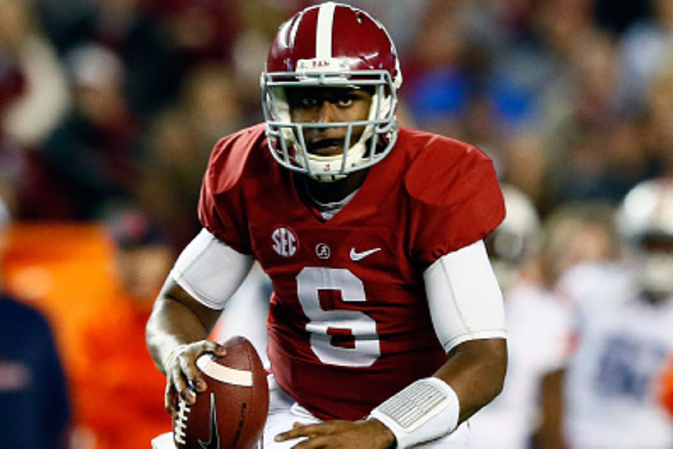 TUSCALOOSA, AL - NOVEMBER 29:  Blake Sims #6 of the Alabama Crimson Tide scrambles in the fourth quarter against the Auburn Tigers during the Iron Bowl at Bryant-Denny Stadium on November 29, 2014 in Tuscaloosa, Alabama.  (Photo by Kevin C. Cox/Getty Imag